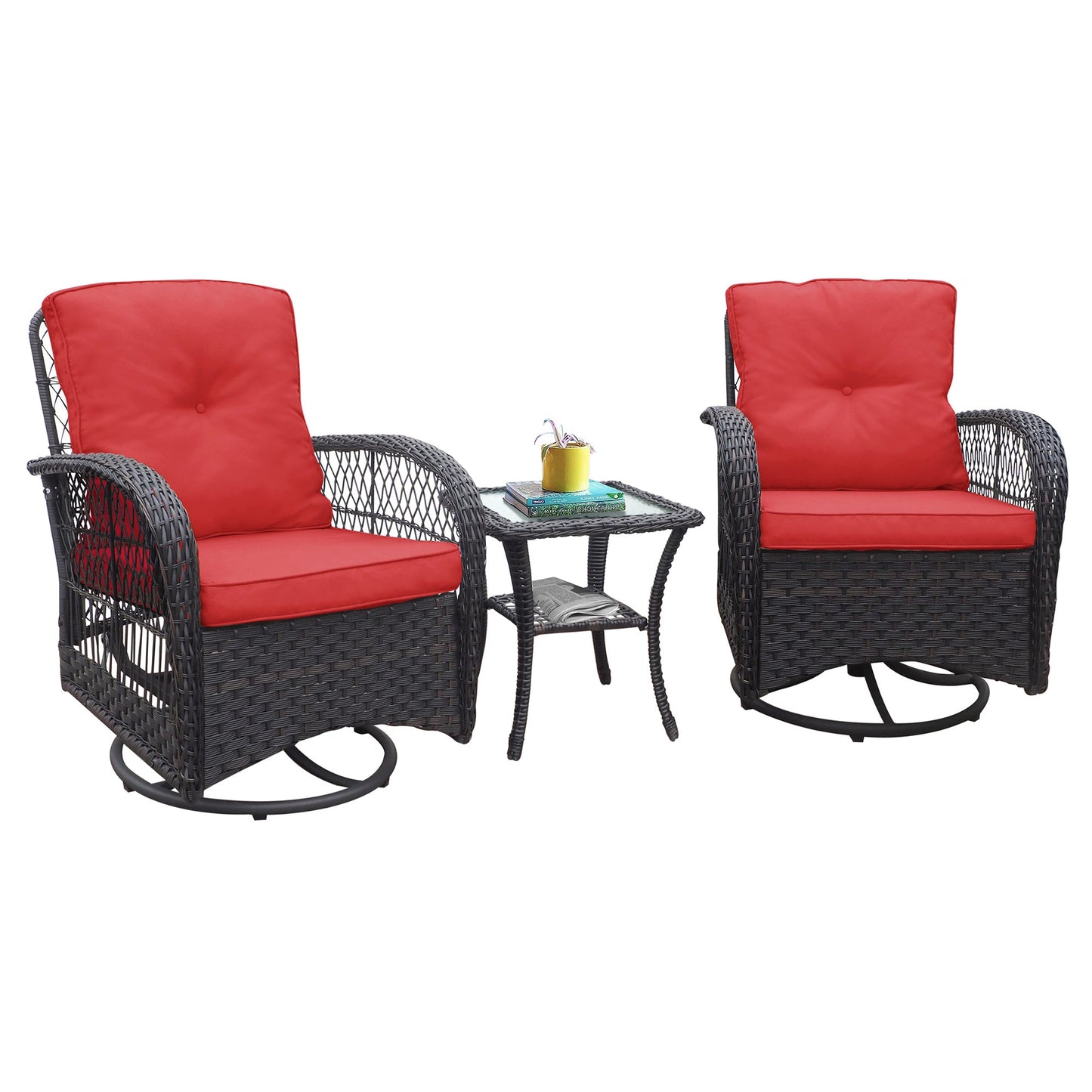 360-Degree Patio Wicker Swivel Rocker Chairs Set; Outdoor Rattan Rocking Bistro Sets With Cushions and Table