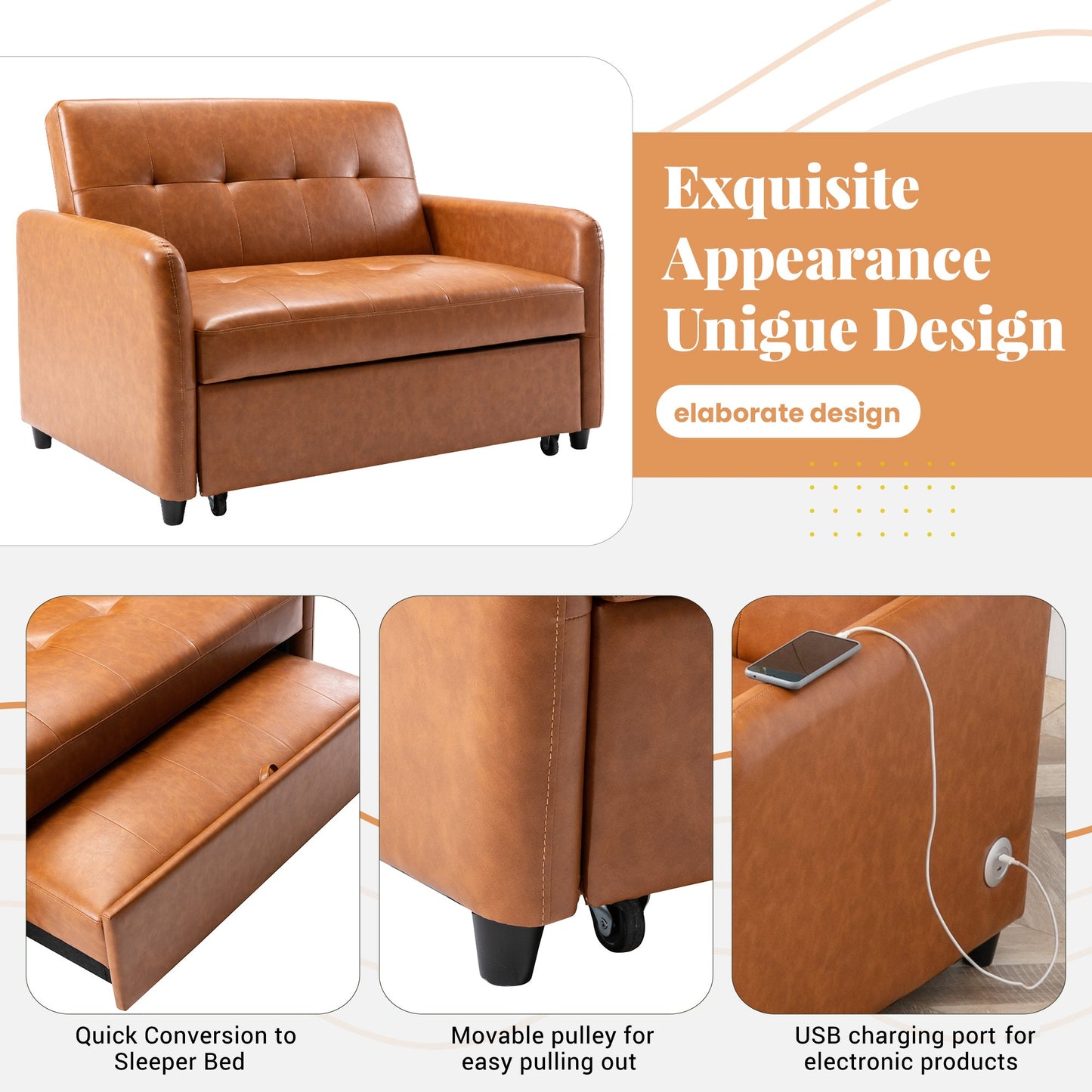 51" Convertible Sleeper Bed, Adjustable Oversized Armchair With Dual USB Ports for Small Space
