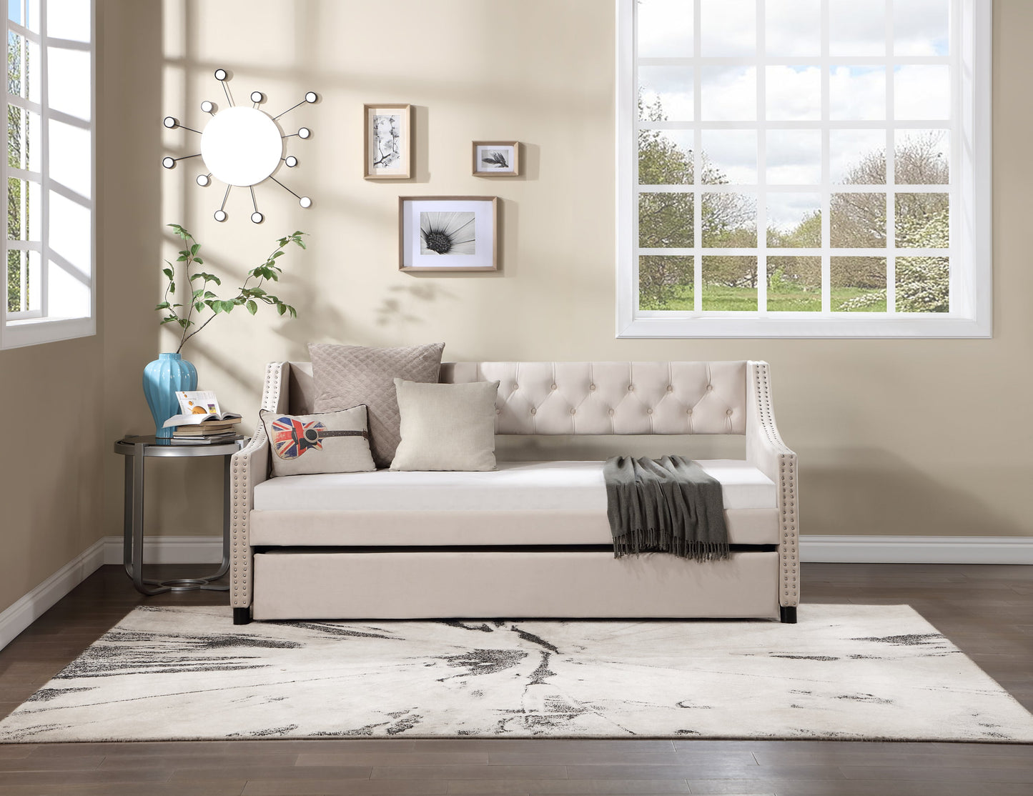 Daybed With Trundle Upholstered Tufted Sofa Bed, With Button and Copper Nail on Arms Full Size Beige