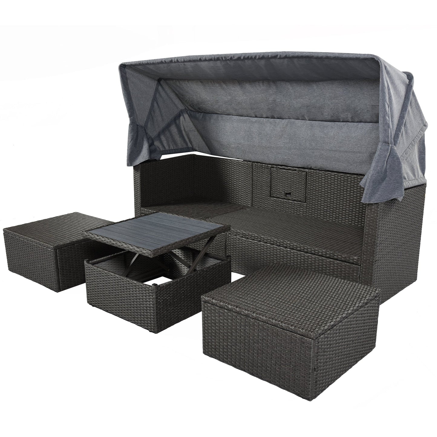 Outdoor Patio Rectangle Daybed With Retractable Canopy, Wicker Furniture Sectional Seating With Washable Cushions