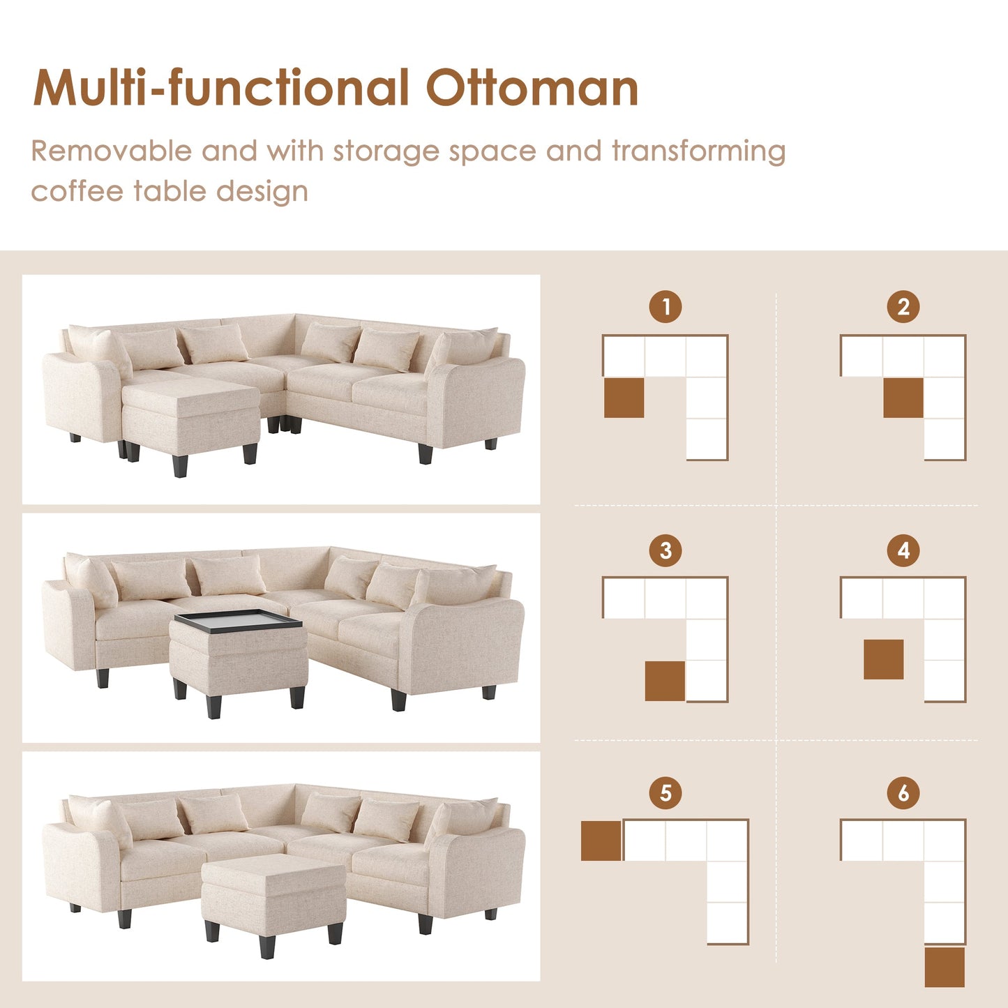 87" Modern Sectional Sofa With Coffee Table,6-Seat Couch Set With Storage Ottoman,Various Combinations,L-Shape Indoor