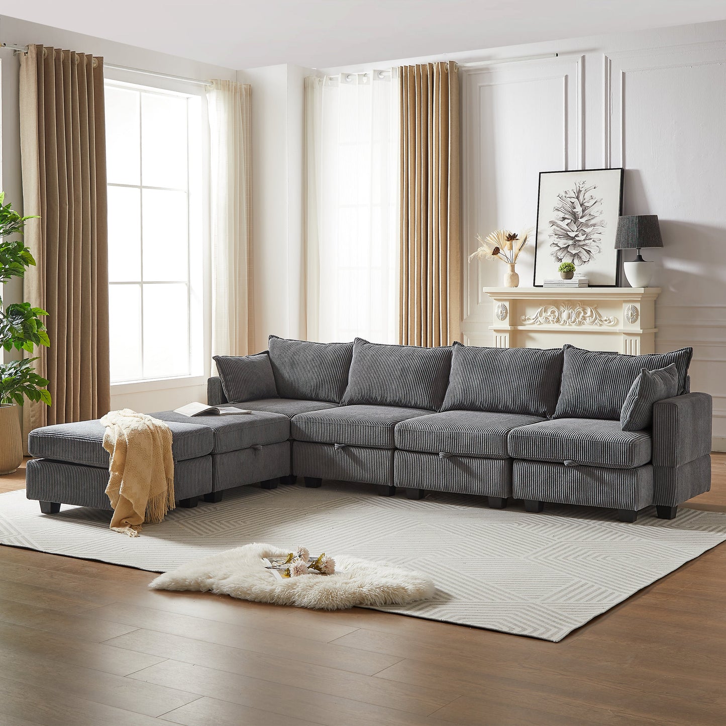 113.5'' Modular Sectiona Corduroy Sofa, Sectional Couches for Living Room U Shaped Sectional Couch With Storage Ottoman