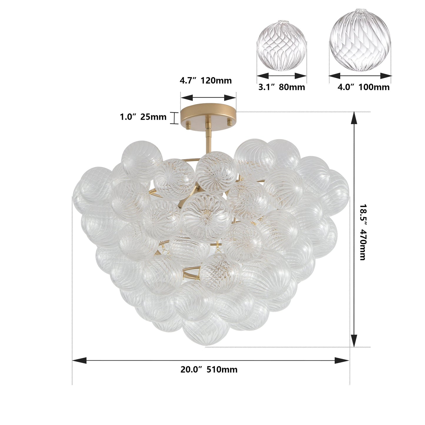 20-Inch Gold Ceiling Pendant Light With Threaded Clear Glass Globe Shade – Ideal for Living Room, Dining Room, Kitchen