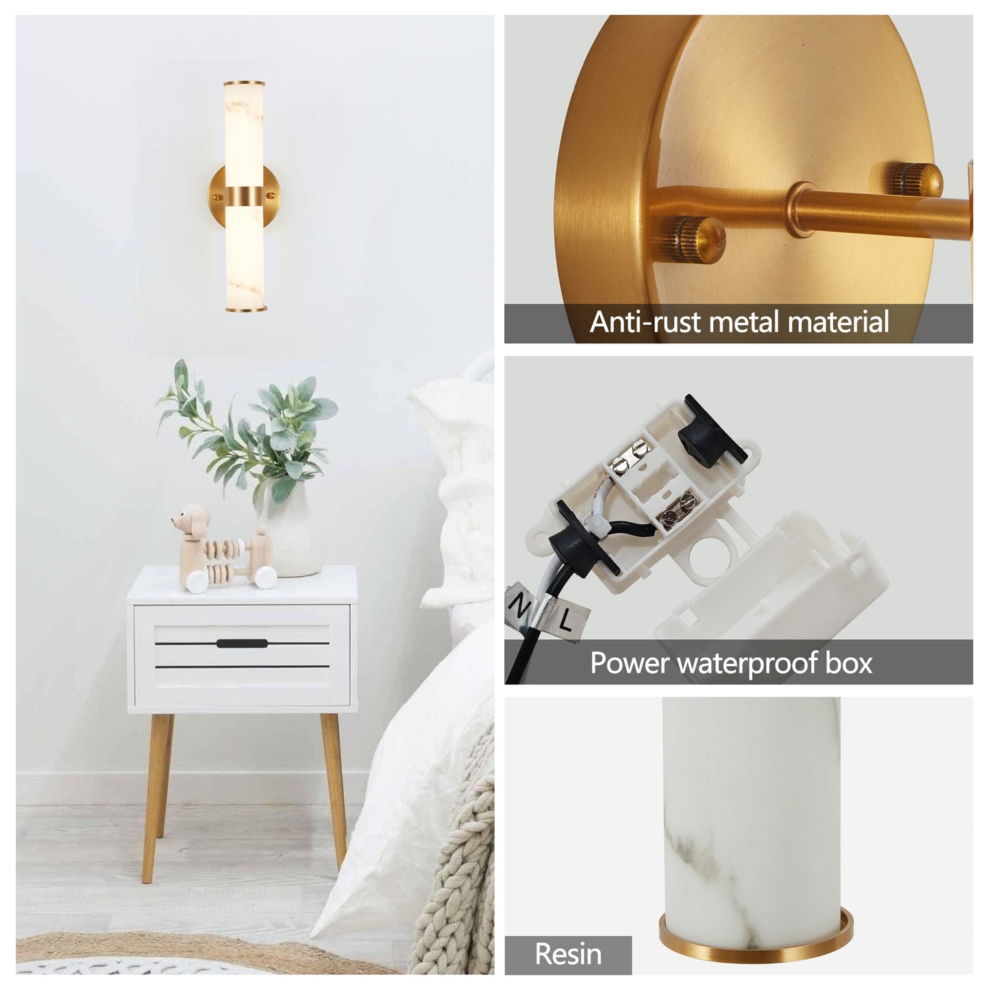 Golden and Elegant Resin Wall Sconce,Set of 2,Modern Vertical Light Fixture for Bathrooms, Hallways, and Bedrooms