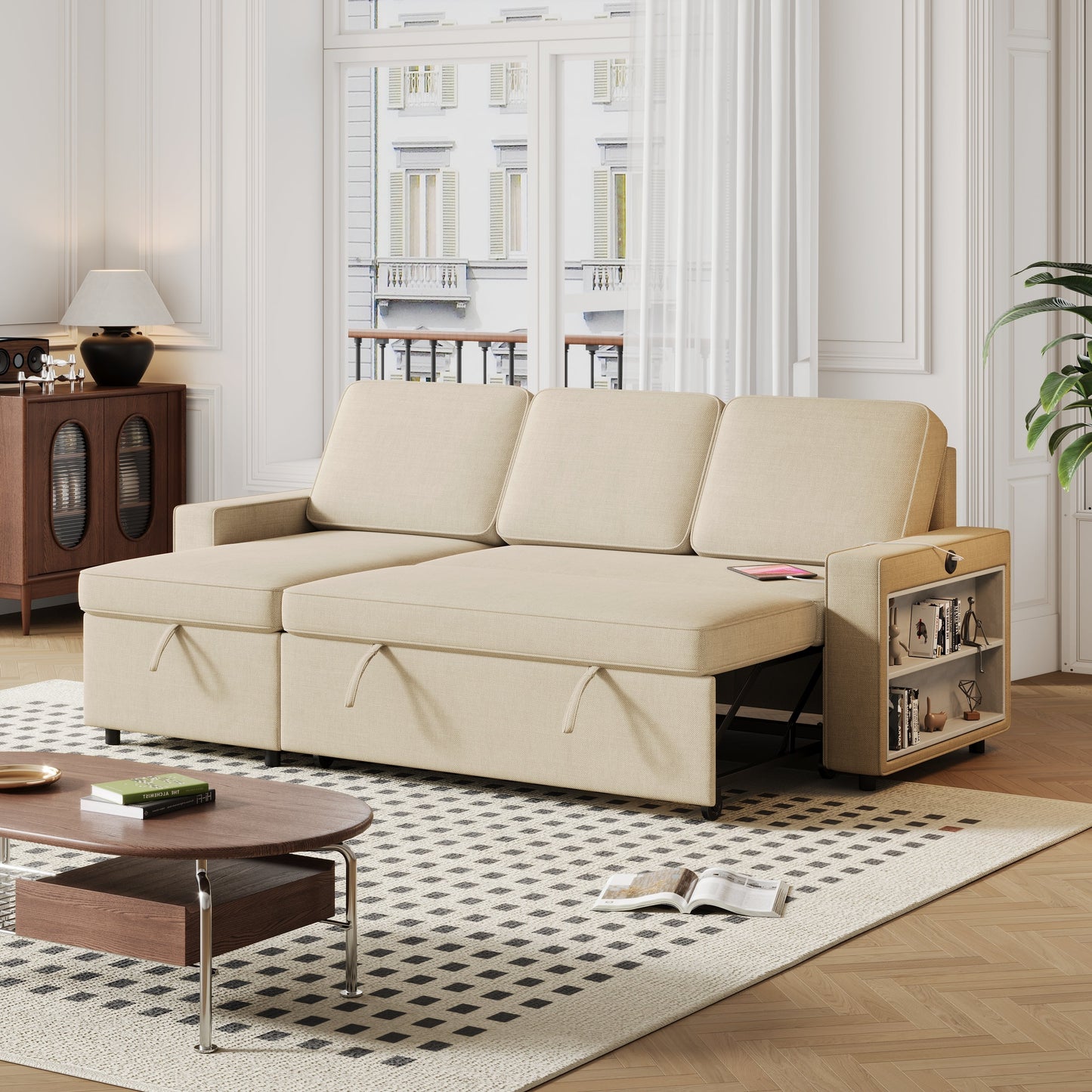 85.8" Pull Out Sleeper Sofa L-Shaped Couch Convertible Sofa Bed With Storage Chaise and Storage Racks,With USB Port