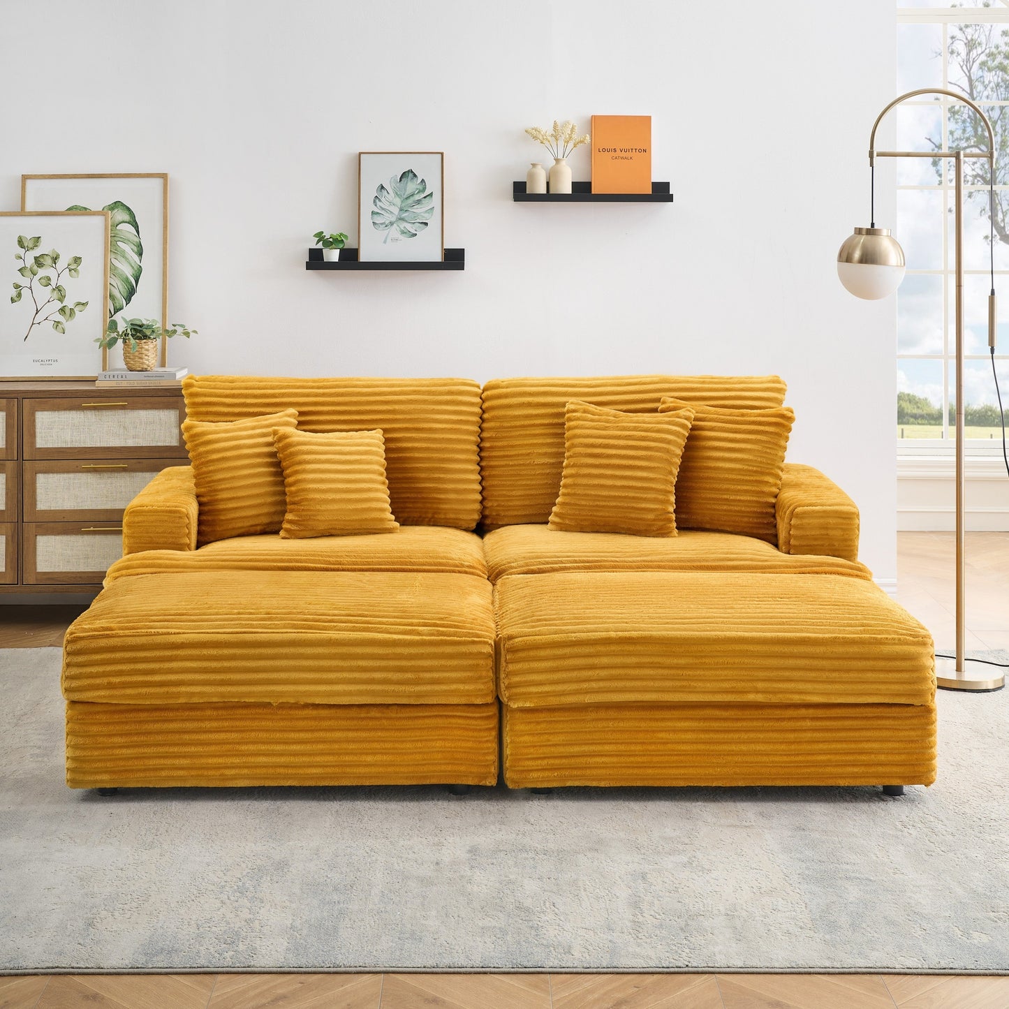 82 Inches Orange Corduroy Sofa, Two Storage Feet +4 Throw Pillows, Create a Living Room, Office Fashion New Darling