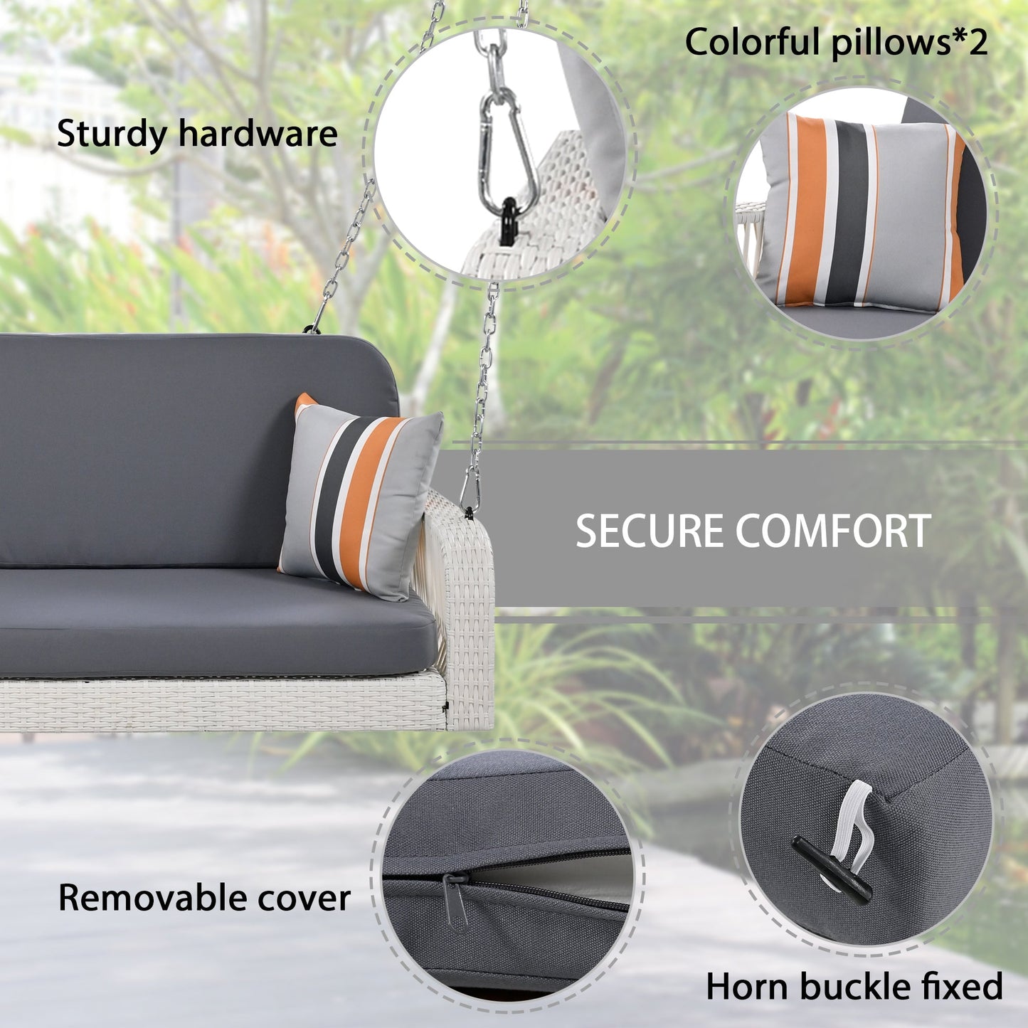 PE Wicker Porch Swing, 2-Seater Hanging Bench With Chains, Patio Furniture Swing for Backyard Garden Poolside