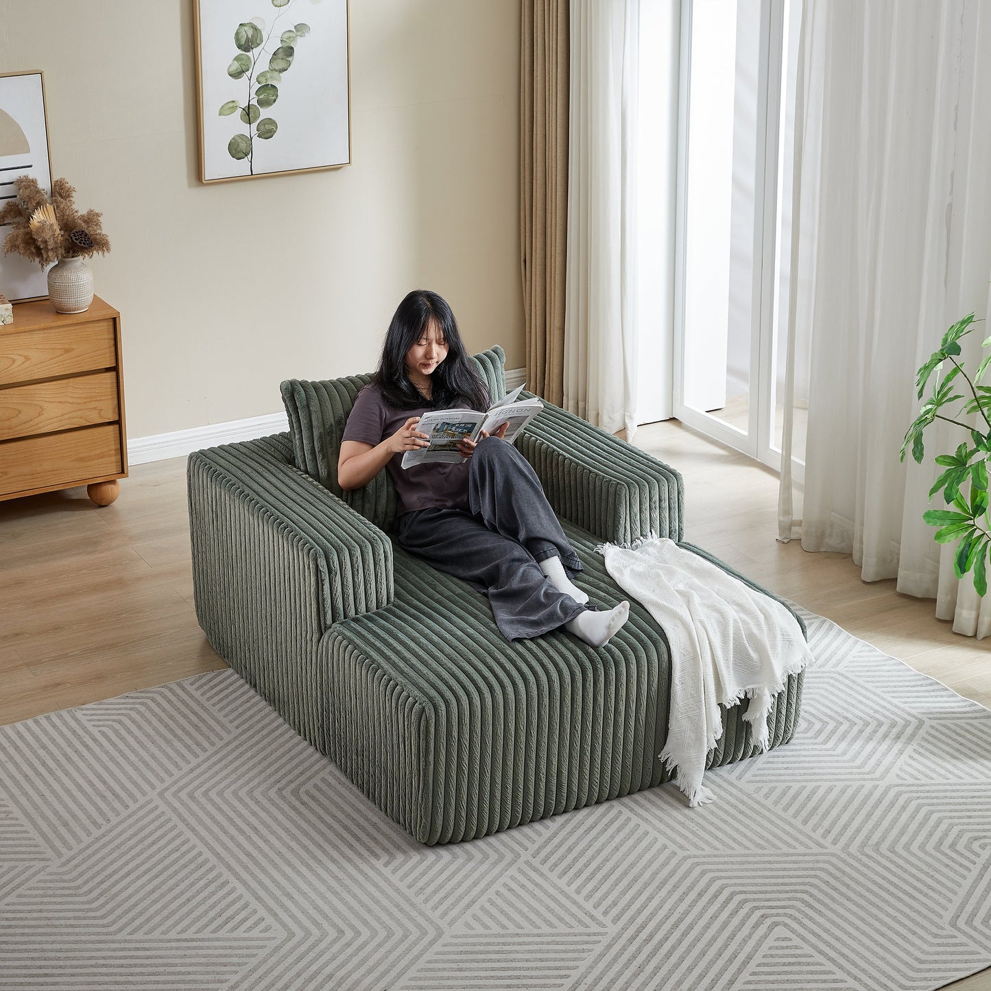 62.5-Inch Corduroy Sponge Sofa Lounge Chair,No Assembly Required,Fluffy Modern Sleeper Chair for Indoor Living Room