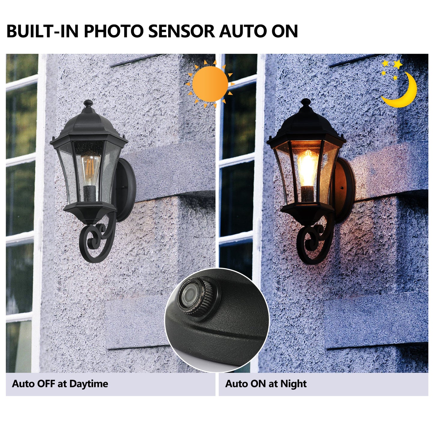 Outdoor Waterproof Glass Retro Wall Lamp Supports Multiple Types of Light Bulbs (2 Pack) With Light Sense