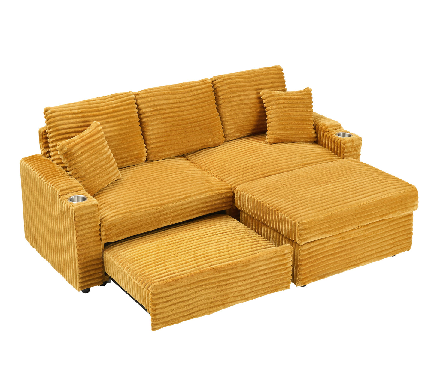An 80-Inch Foldable and Hidden Chaise Longue Orange Corduroy Sofa With Cup Holders on the Armrests, a Footrest and Storage