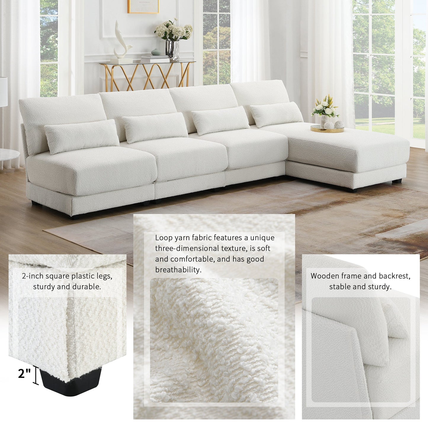 120*61" Oversized Deep Seat Sectional Sofa With Reversible Chaise,Loop Yarn Fabric 5-Seat Armless Indoor Furniture