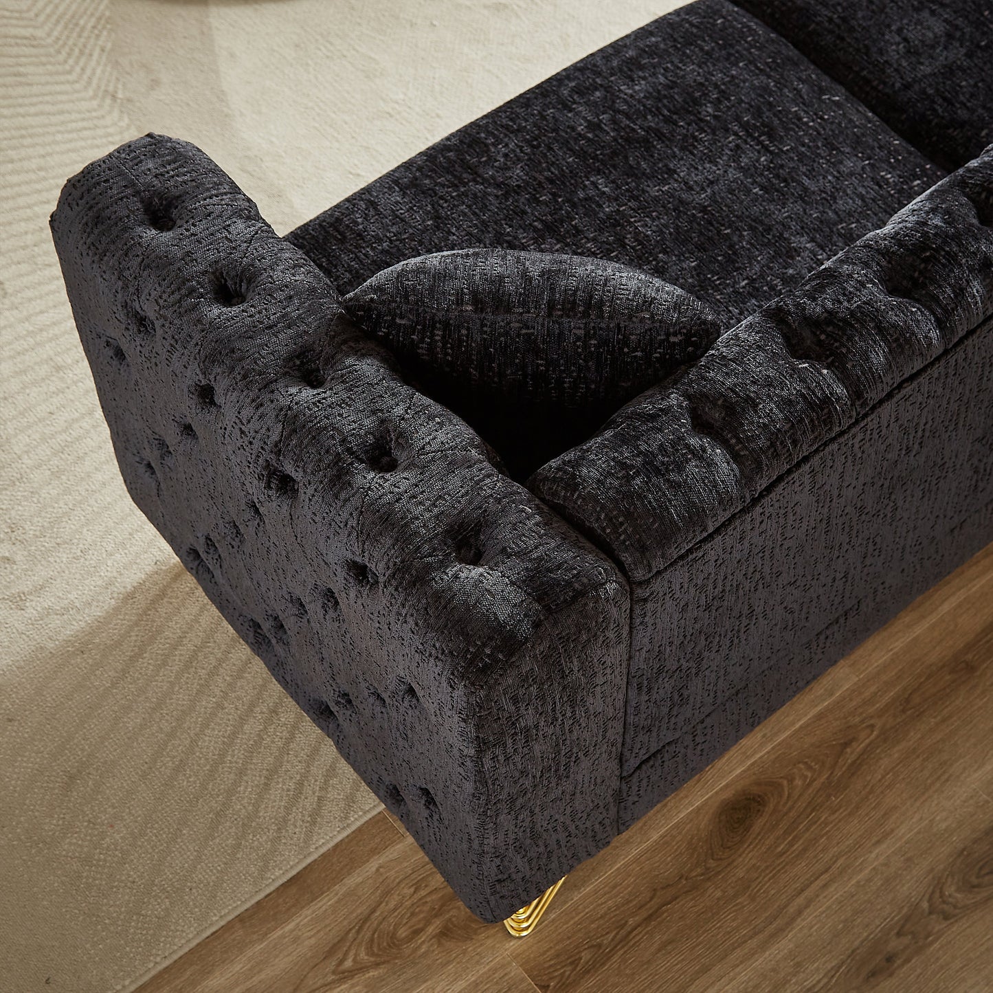 82-Inch Chenille Pull Buckle Design Sofa for Living Room,Buttons Tufted With Copper Nail Decoration Armrest, Modern Couch