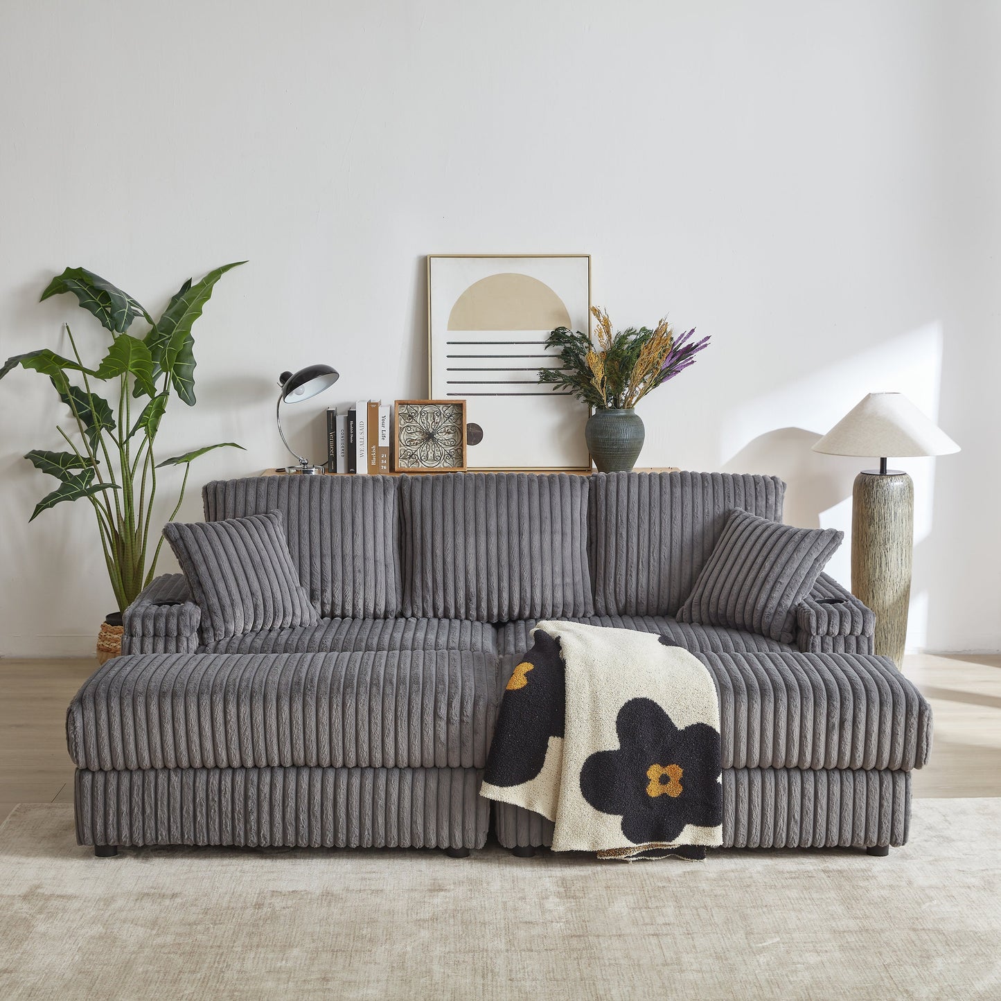 84Inch Corduroy 3-Seater Sofa With 3 Back Pillows ,2 Toss Pillows , a Ottoman ,2storage Spaces and Cup-Holding Grooves
