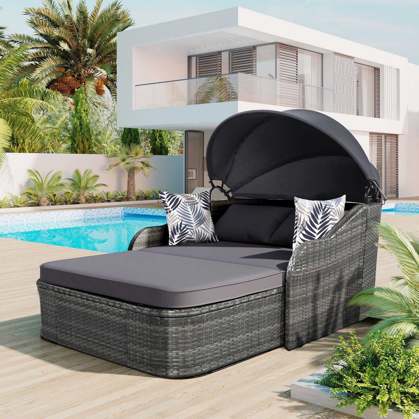 79.9" Outdoor Sunbed With Adjustable Canopy, Double Lounge, PE Rattan Daybed, Gray Wicker and Cushion