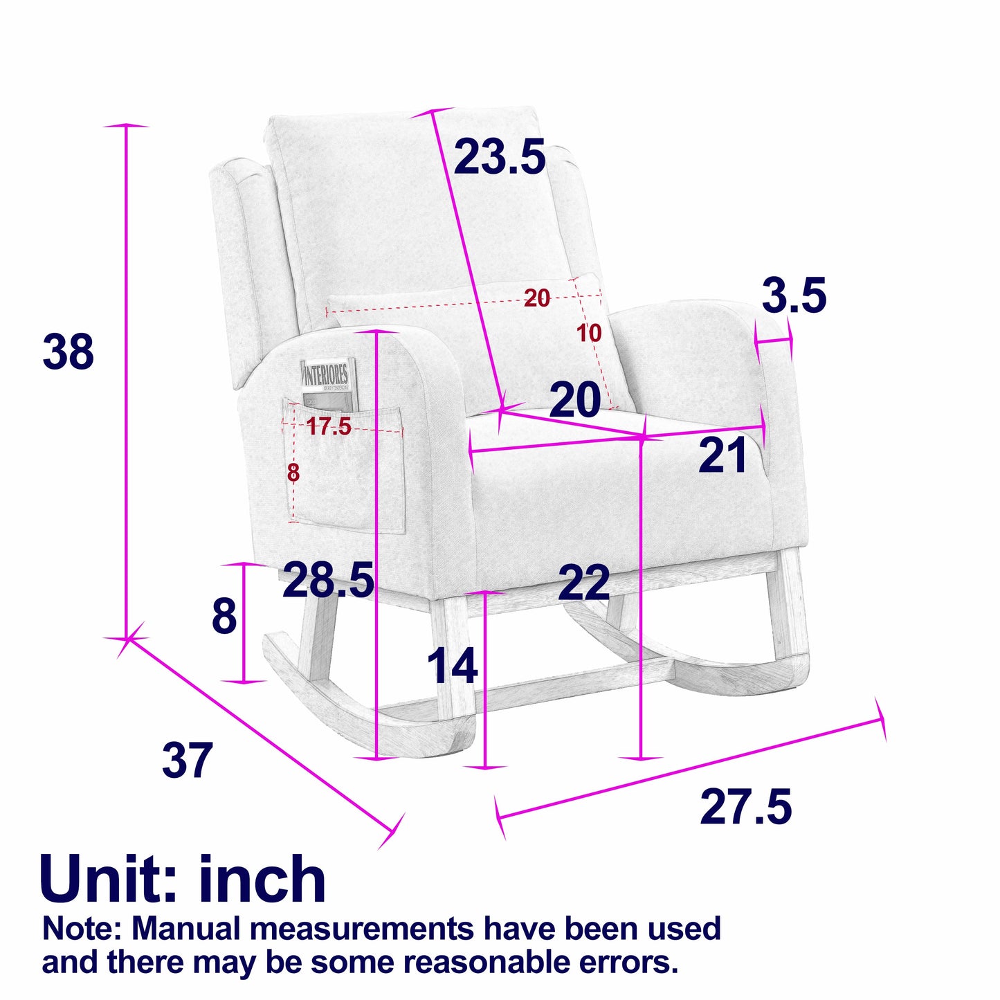 27.5 "W Modern Accent High Back Living Room Casual Armchair Rocker With One Lumbar Pillow, Two Side Pockets