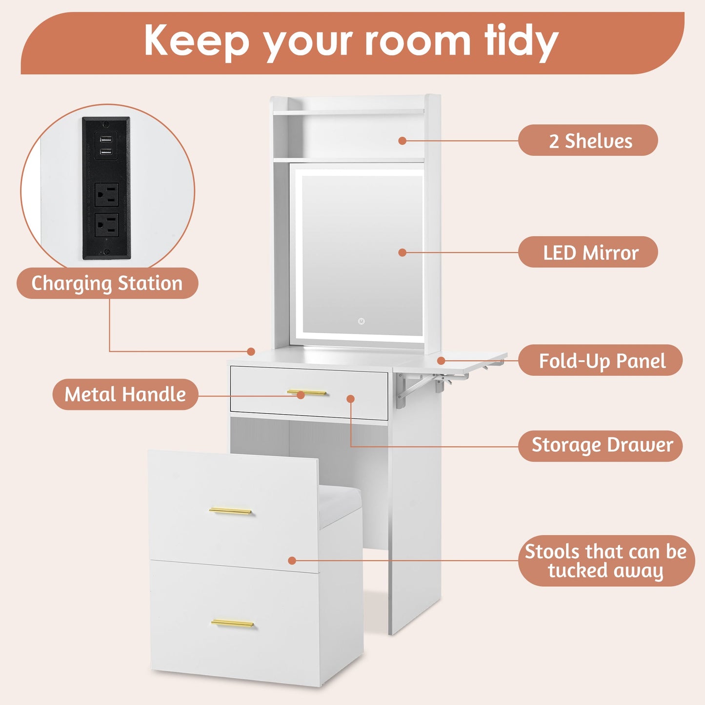 Small Vanity Desk With Mirror and Light, Dressing Table With Charging Station & Fold-Up Panel for Small Space, Compact