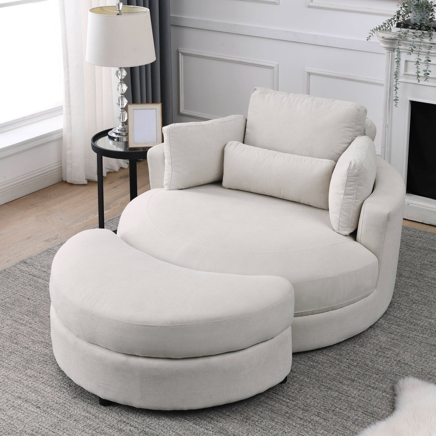 Swivel Accent Barrel Modern Sofa Lounge Club Big Round Chair With Storage Ottoman Linen Fabric for Living Room