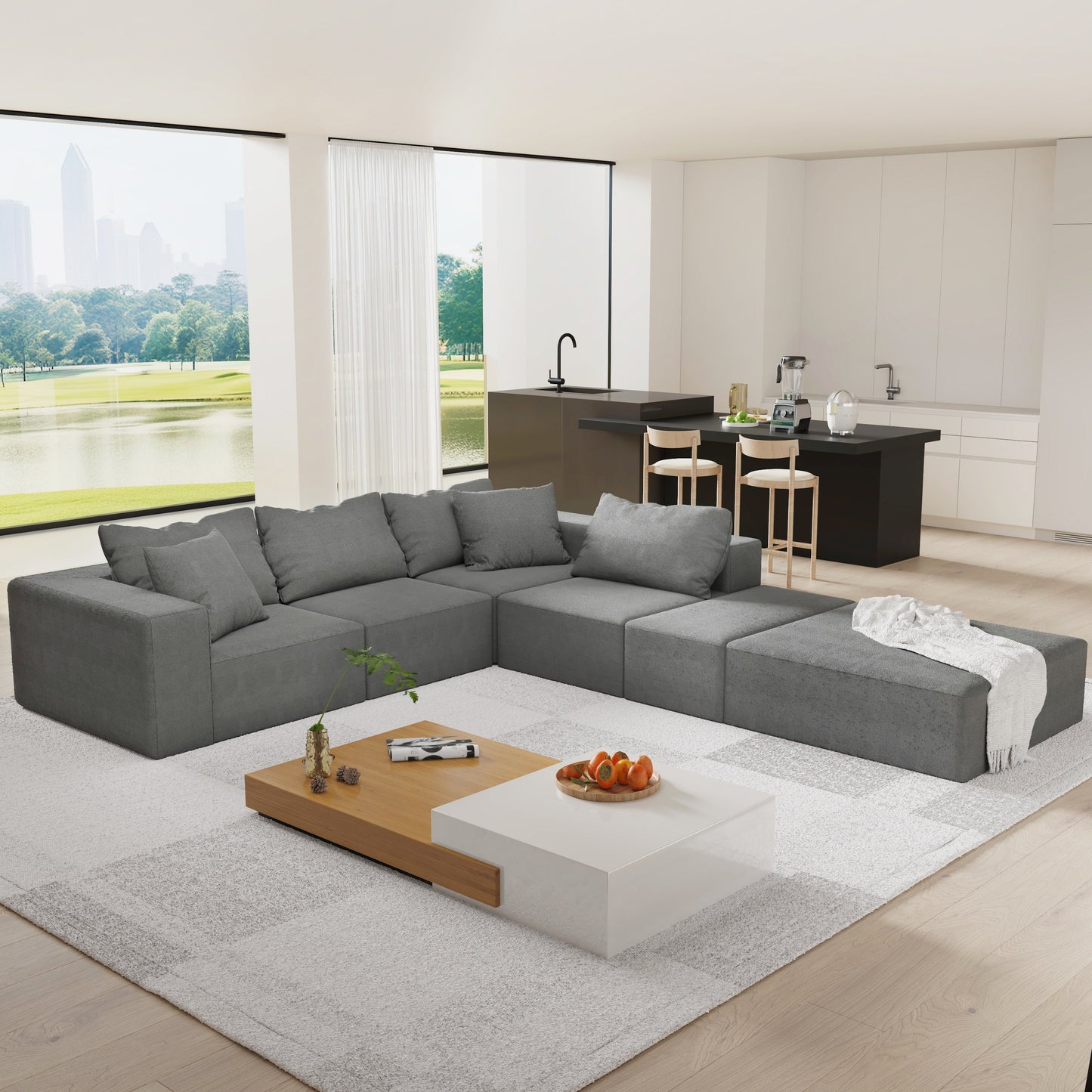 Modern Upholstered Sectional Sofa Couch Set,Modular 132" L Shaped Sectional Living Room Sofa Set With 6 Pillows,Free Com