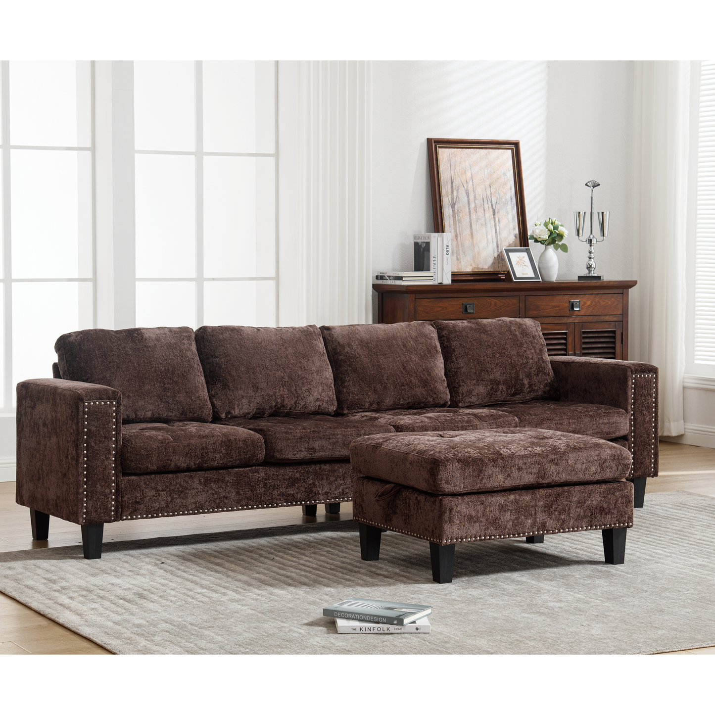 5 Seat Modular Sofa,with Storage Ottoman, Convertible Sectional Sofa, L Shaped Couch , Reversible Chaise ,Riveted Sofa