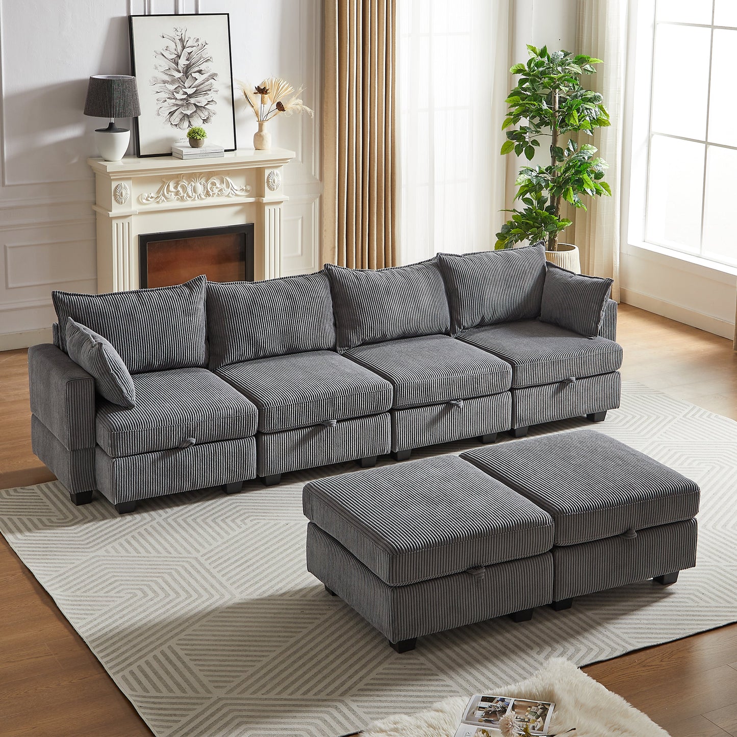 113.5'' Modular Sectiona Corduroy Sofa, Sectional Couches for Living Room U Shaped Sectional Couch With Storage Ottoman