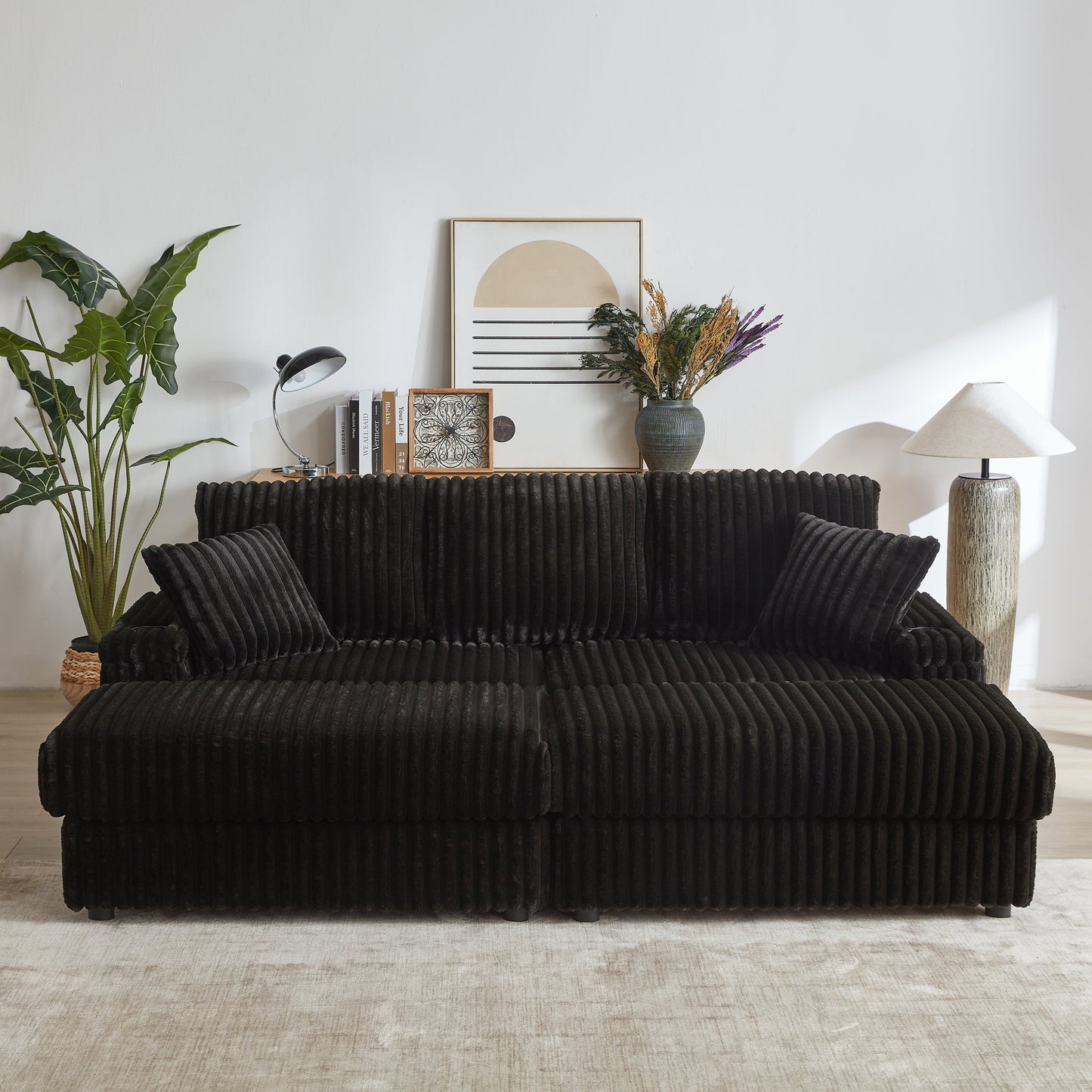 84Inch Corduroy 3-Seater Sofa With 3 Back Pillows ,2 Toss Pillows , a Ottoman ,2storage Spaces and Cup-Holding Grooves