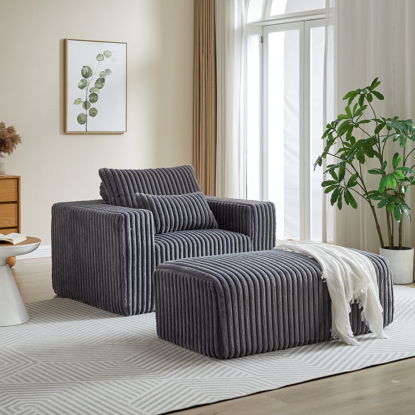 62.5-Inch Corduroy Sponge Sofa Lounge Chair With Removable Footrest,No Assembly Required,Fluffy Modern Sleeper Chair