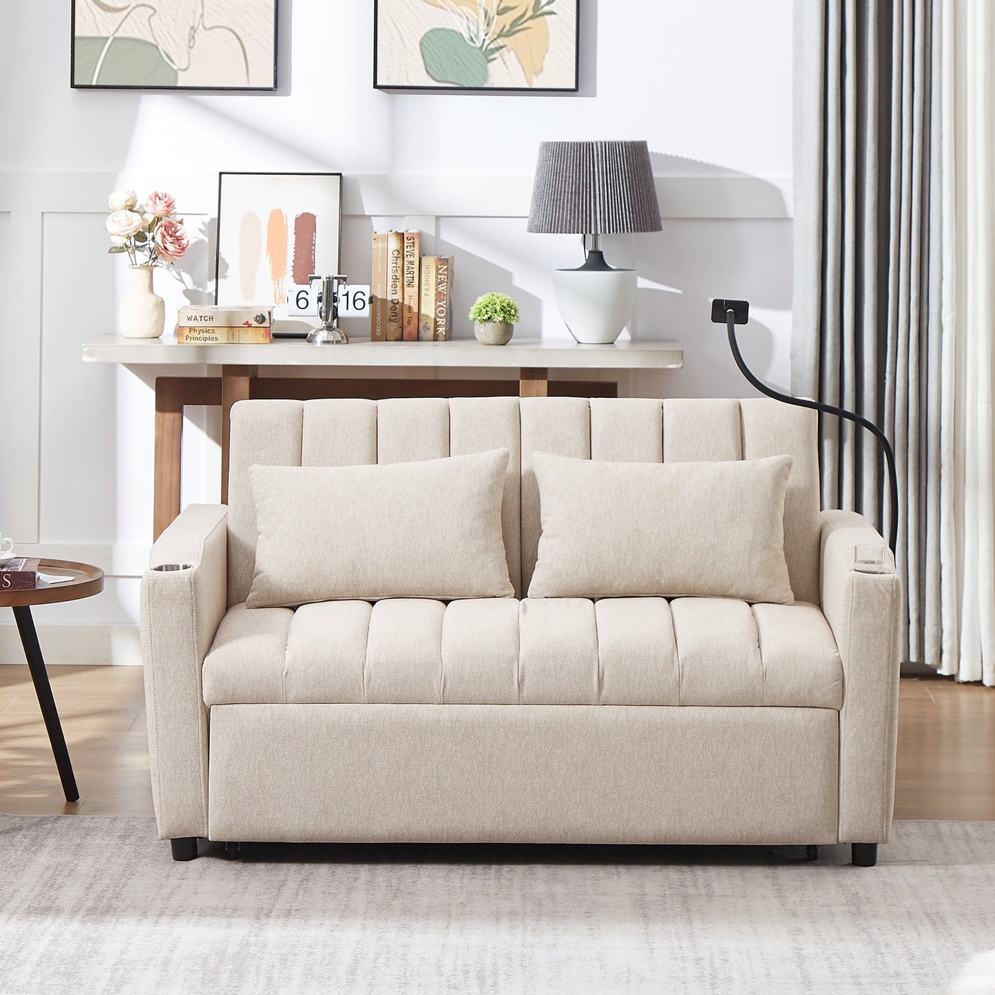 55.9" Convertible Sofa Bed Loveseat Sofa With Three USB Ports, Two Side Pockets, Two Cup Holders
