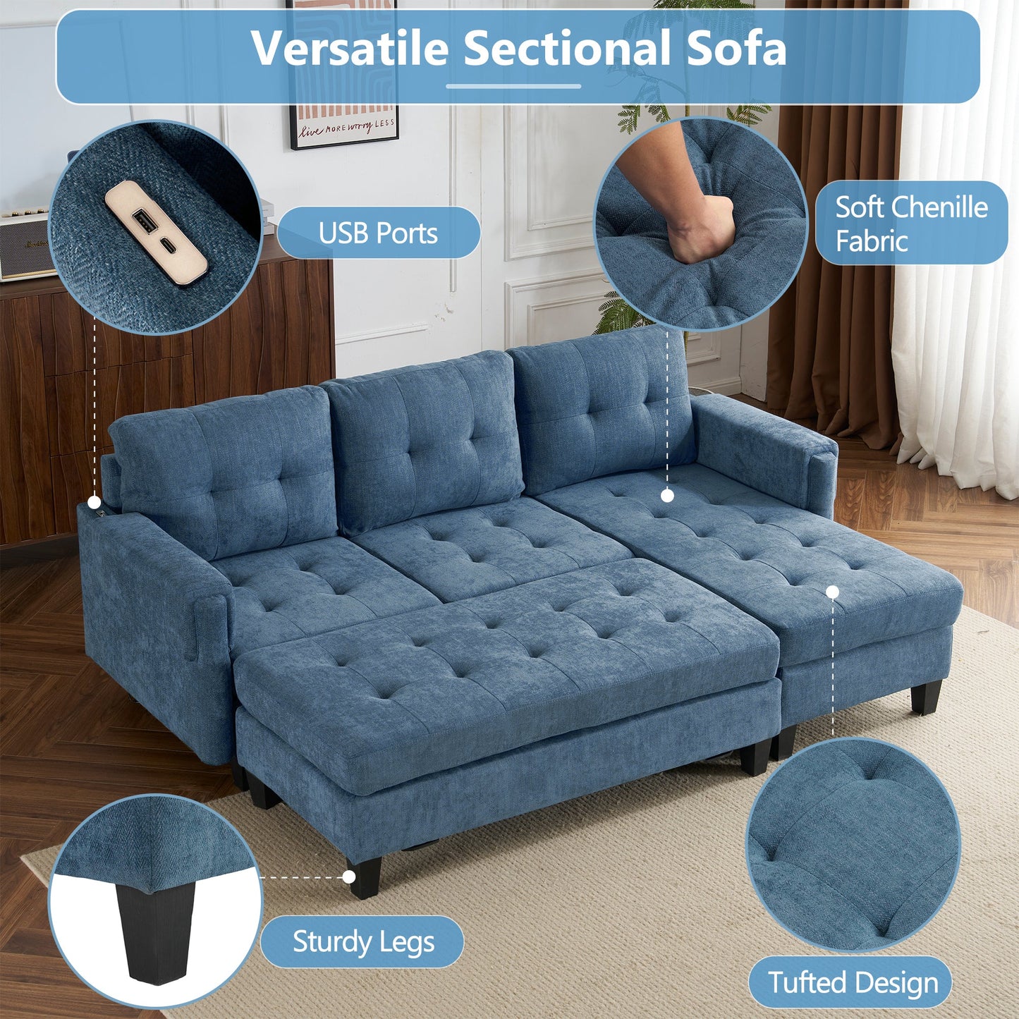 83.4" L-Shaped Sofa Sectional Couch Sofa Bed With Two USB Ports, a Movable Ottoman and a Reversible Chaise Lounge