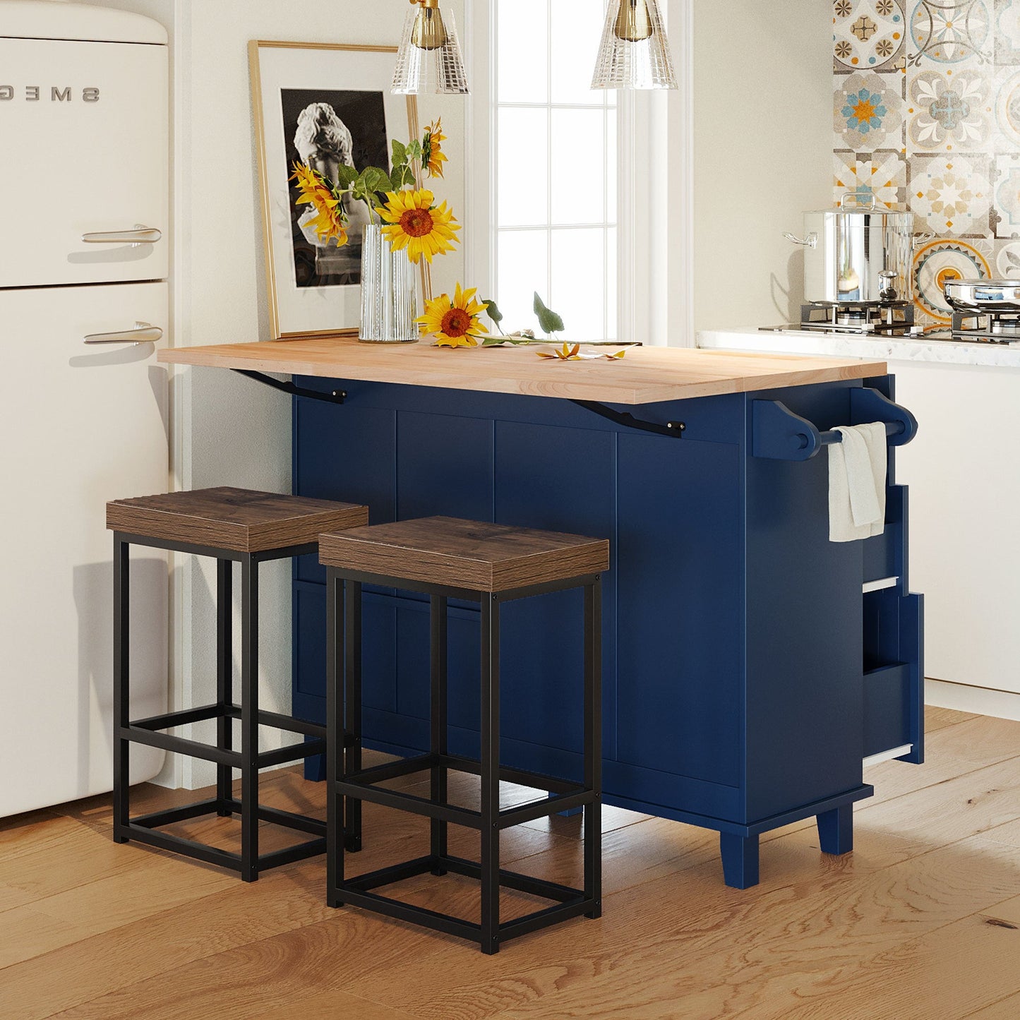 Farmhouse Kitchen Island Set With Drop Leaf and 2 Seatings,Dining Table Set With Storage Cabinet, Drawers and Towel Rack