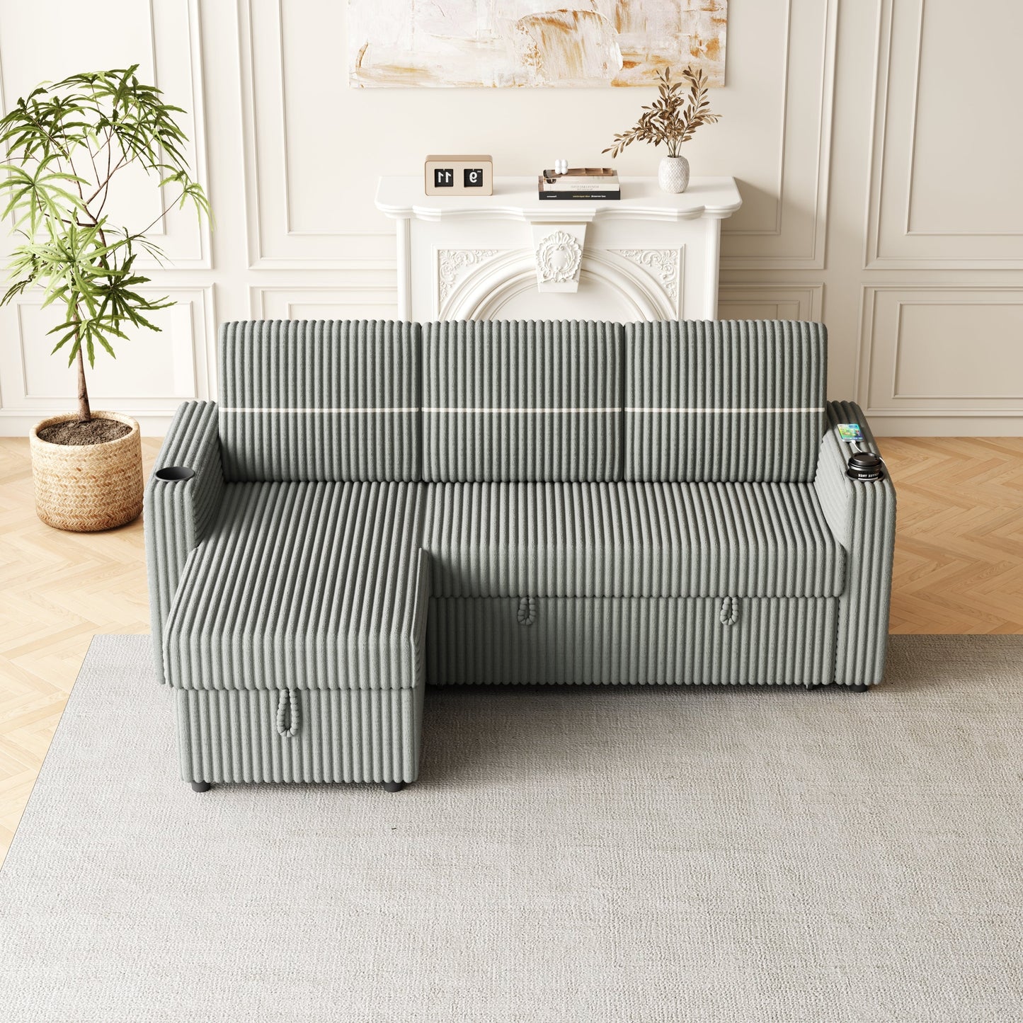 85 Inches Corduroy Sofa Bed, 3 Seater Sleeper Sofa With Storage Chaise, Square Handrail With Two Cup-Holder and USB Charger