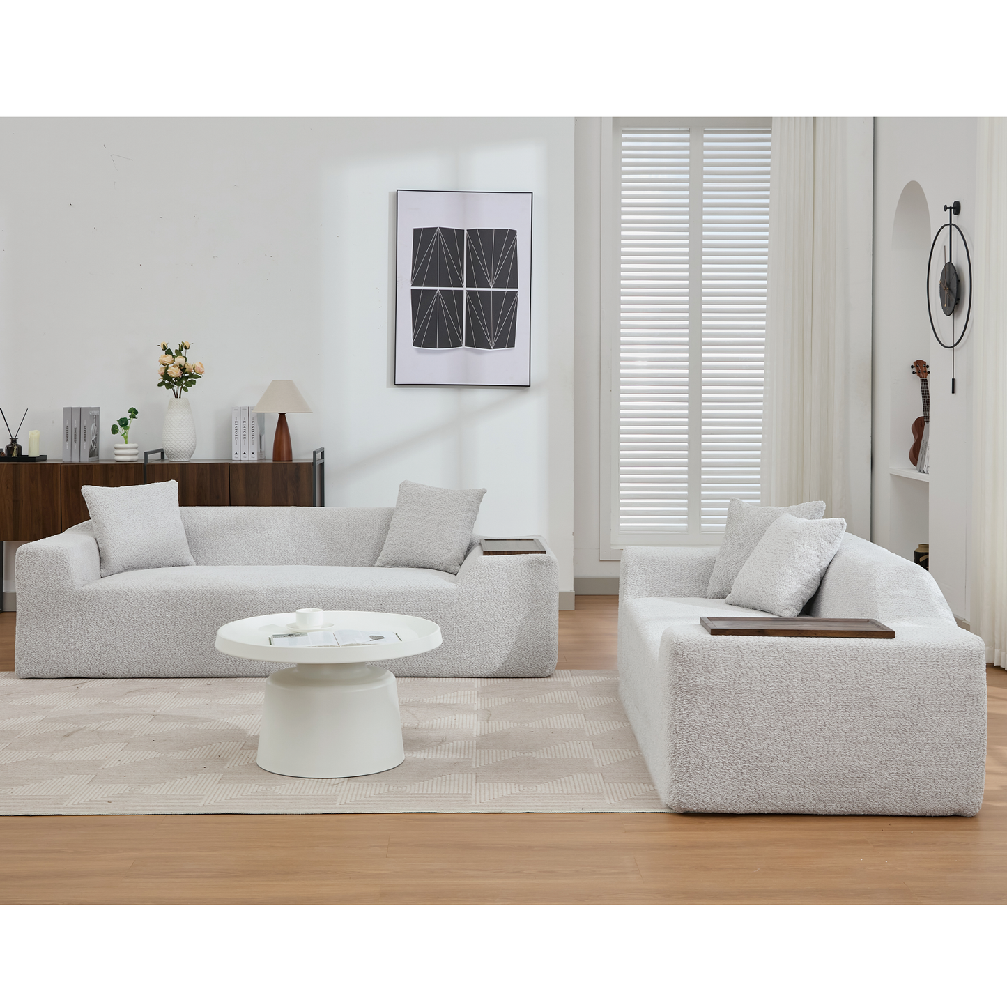 2 Piece Boucle Cloud Sofa Set, Upholstered Sofa Set, Modern 3 Seater and 2 Seater Sofa With MDF End Table for Living Room