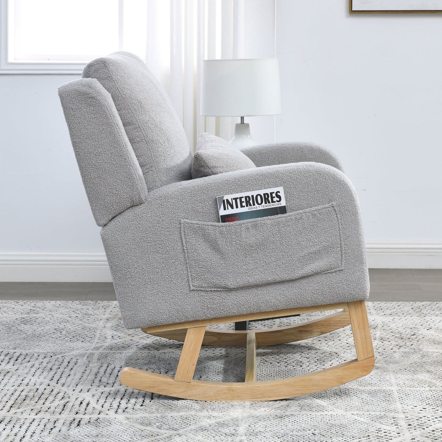 27.5 "W Modern Accent High Back Living Room Casual Armchair Rocker With One Lumbar Pillow, Two Side Pockets