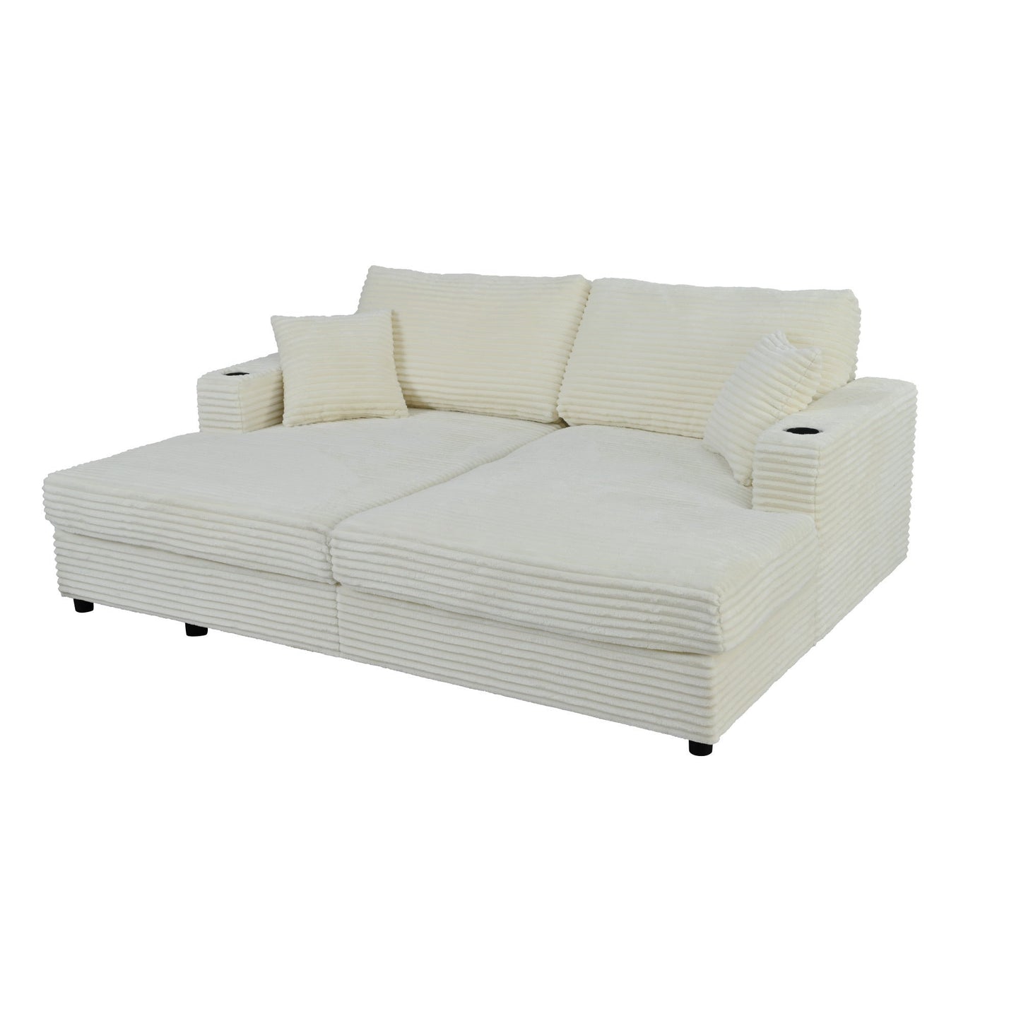 86.5" Oversized Loveseat Chaise Lounge Sectional Sofa Bed Corduroy Sleeper Sofa With Two USB Ports , Two Cup Holders