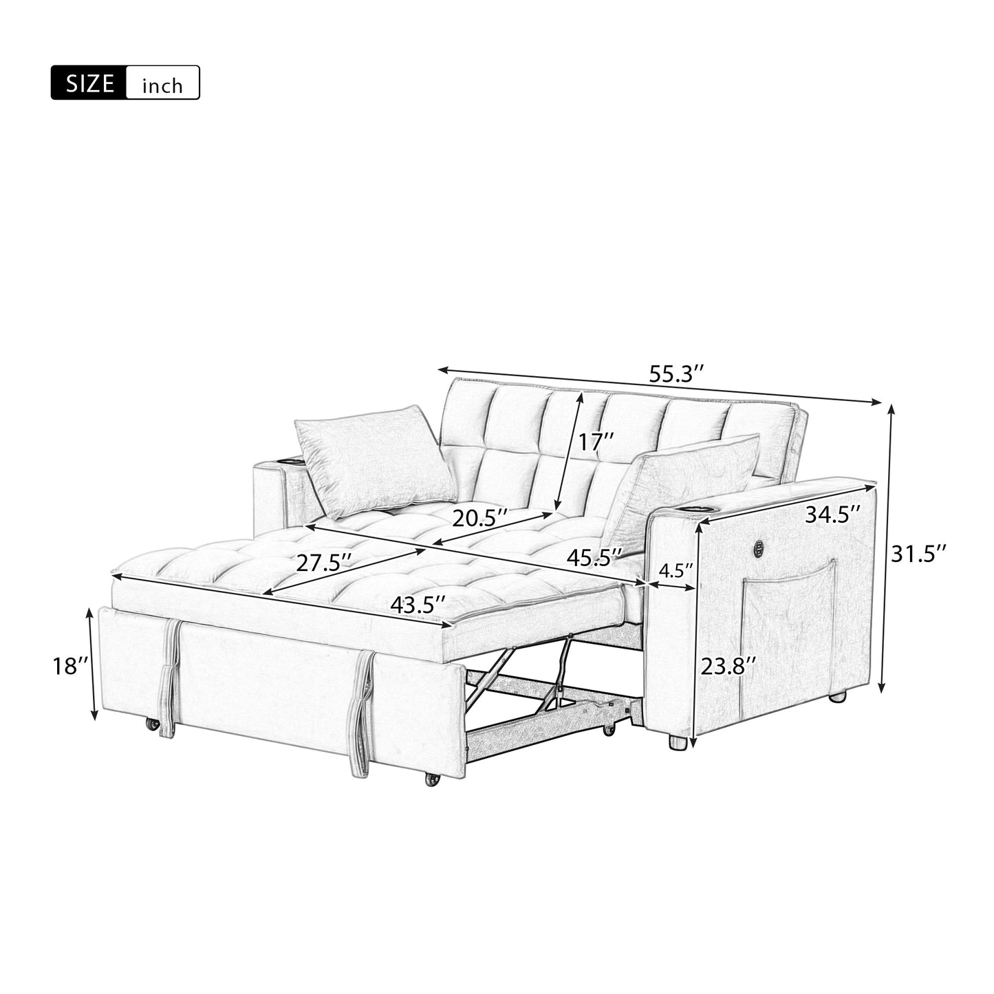 55.3" 4-1 Multi-Functional Sofa Bed With Cup Holder and USB Port for Living Room or Apartments Milky White