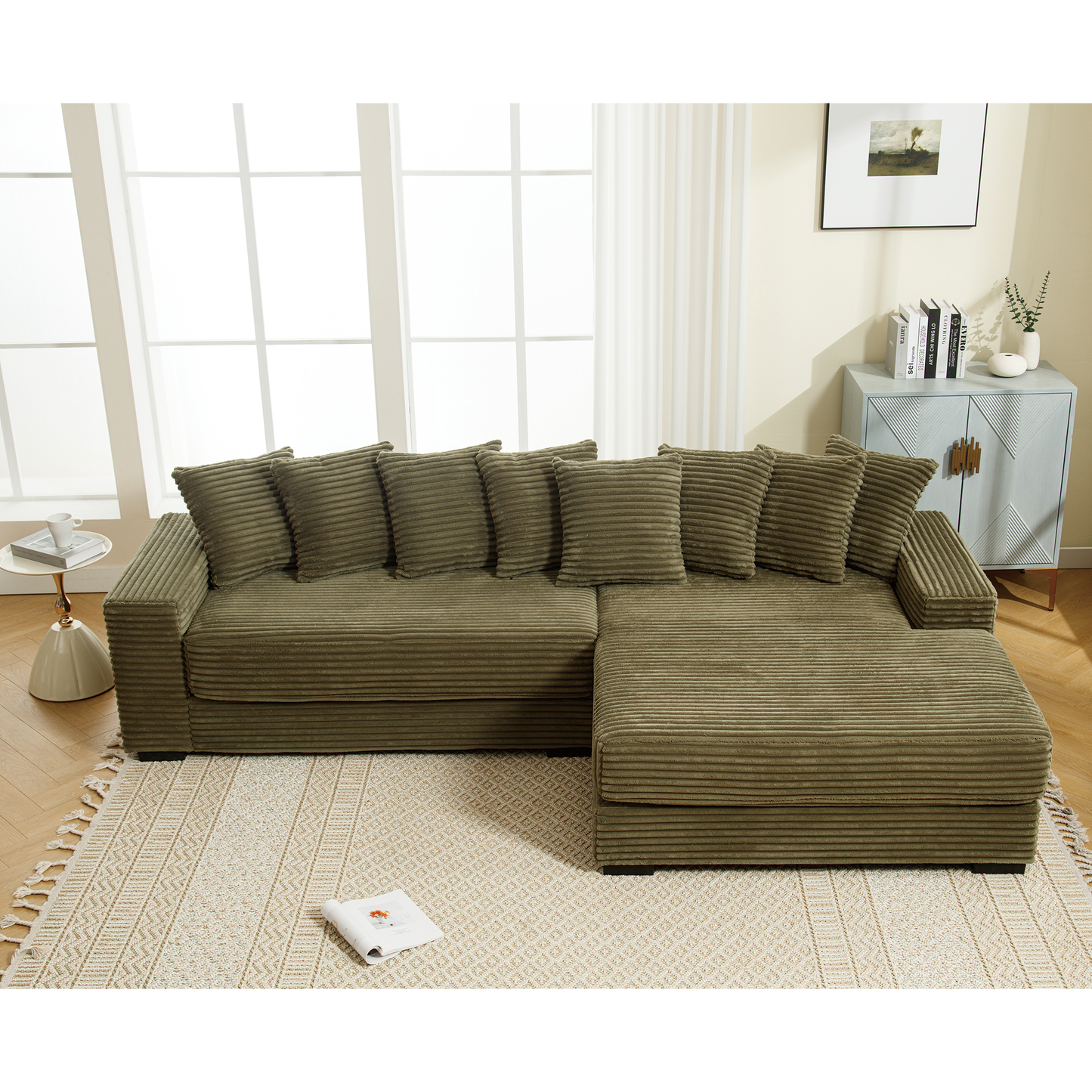 Oversized Two-Piece Couches, L Shaped Sofa, Corduroy, Right Chaise Daybed,with Armrests,Eight Throw Pillows,Corner Sofa