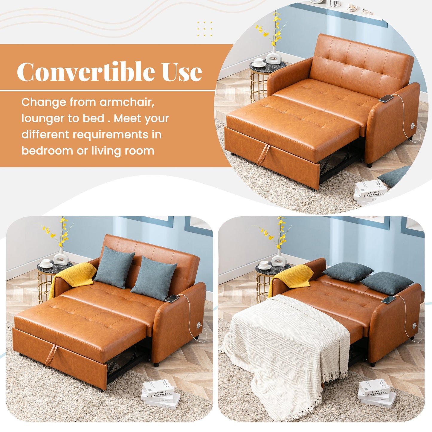 51" Convertible Sleeper Bed, Adjustable Oversized Armchair With Dual USB Ports for Small Space