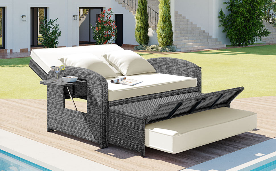 PE Wicker Rattan Double Chaise Lounge, 2-Person Reclining Daybed With Adjustable Back and Cushions