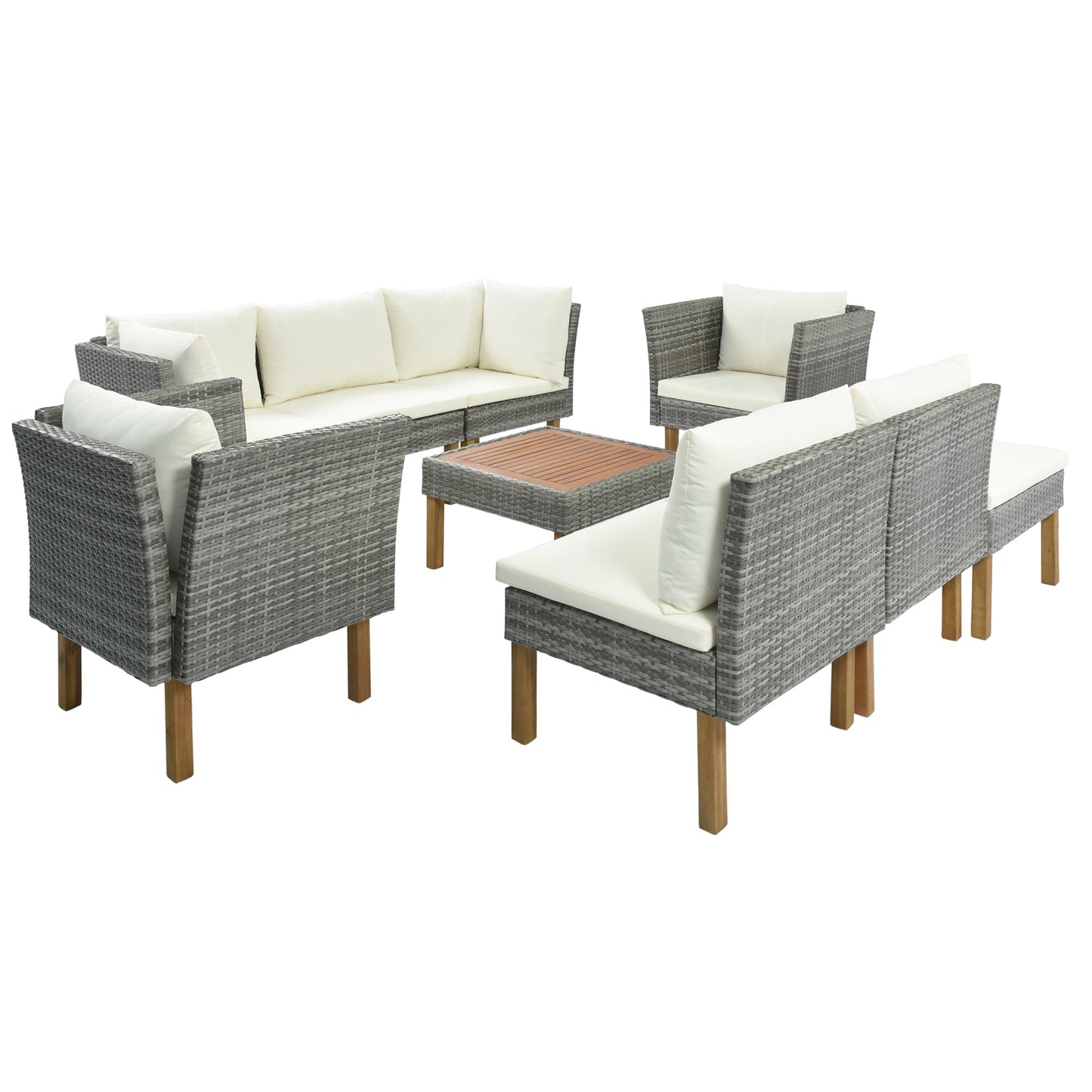 9-Piece Outdoor Patio Garden Wicker Sofa Set, Gray PE Rattan Sofa Set, With Wood Legs, Acacia Wood Tabletop
