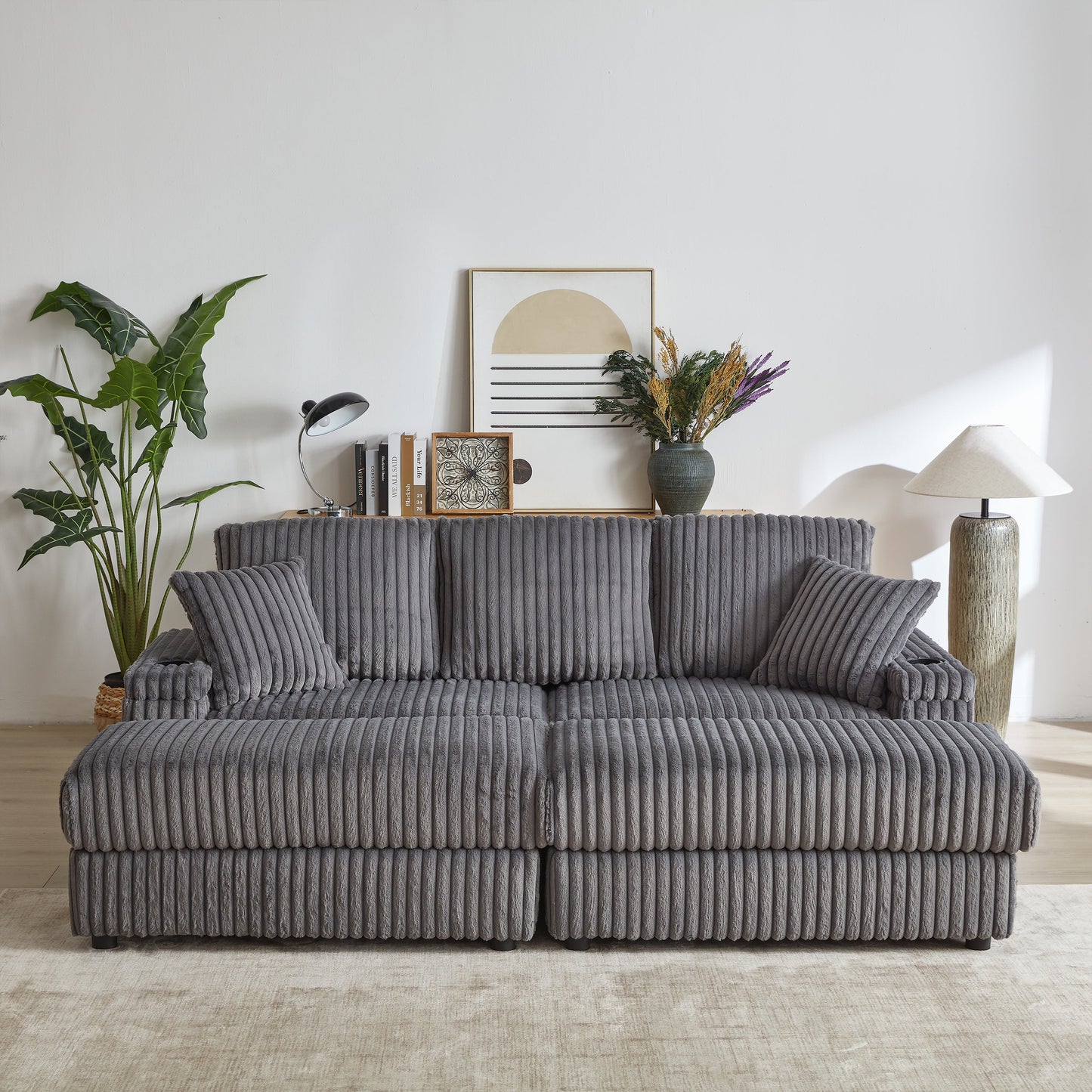 84Inch Corduroy 3-Seater Sofa With 3 Back Pillows ,2 Toss Pillows , a Ottoman ,2storage Spaces and Cup-Holding Grooves