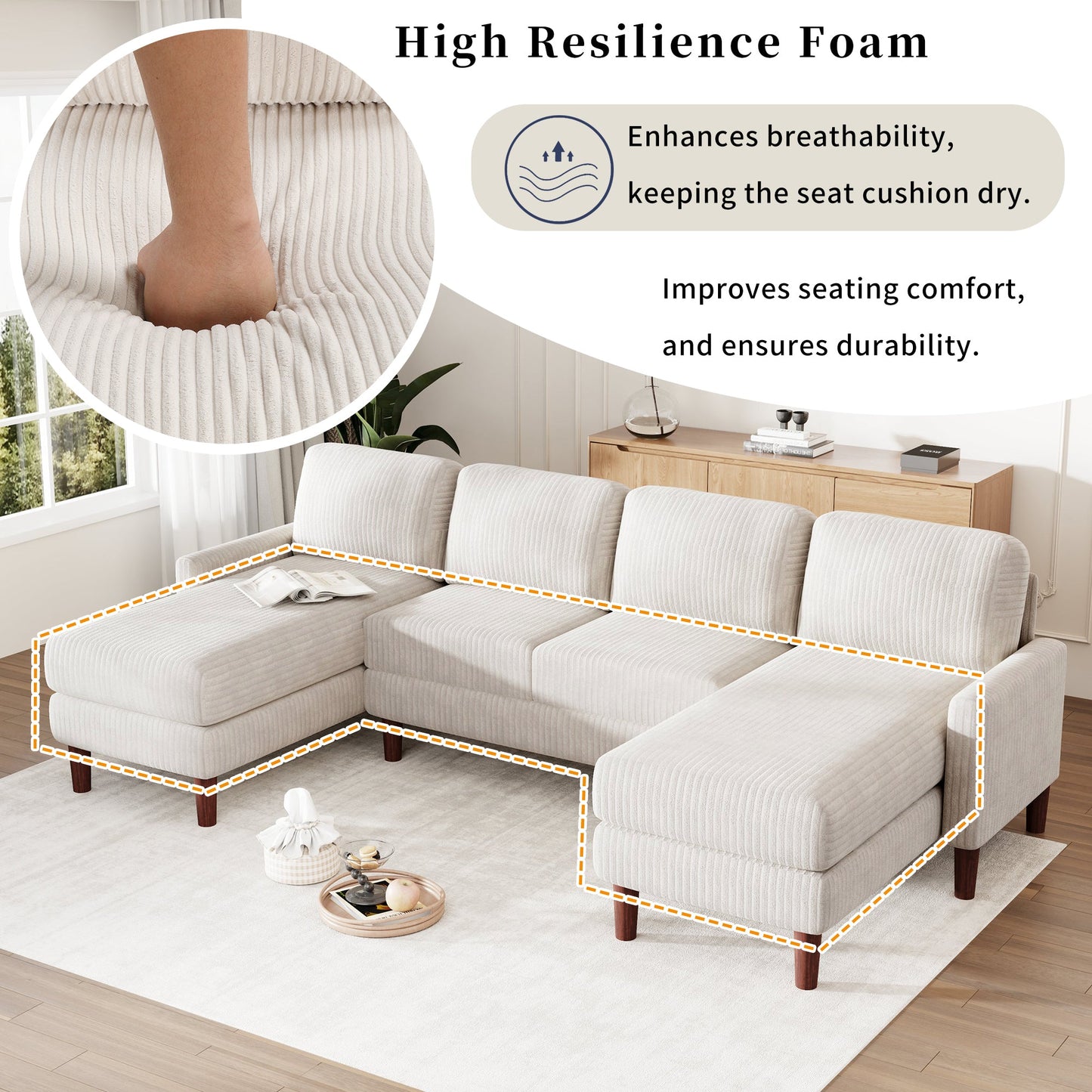 U-Shaped Sponge-Filled Cushion Combination Sofa, Suitable for Living Rooms, Studies, and Spacious Spaces
