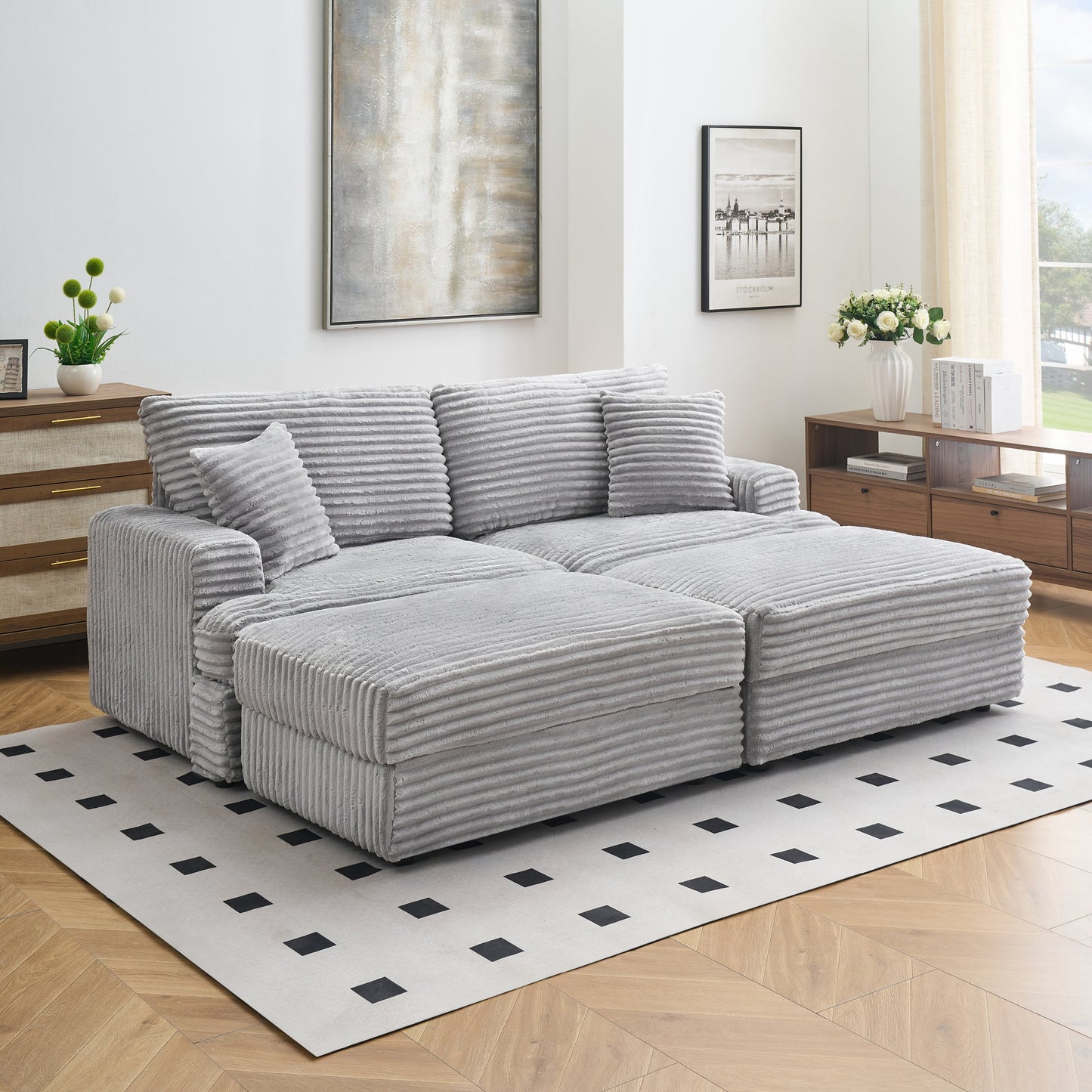 82 Inches Gray Corduroy Sofa, Two Storage Feet +4 Throw Pillows, Create a Living Room, Office Fashion New Darling