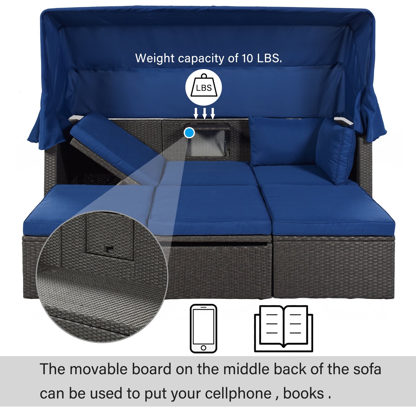 Outdoor Patio Rectangle Daybed With Retractable Canopy, Wicker Furniture Sectional Seating With Washable Cushions