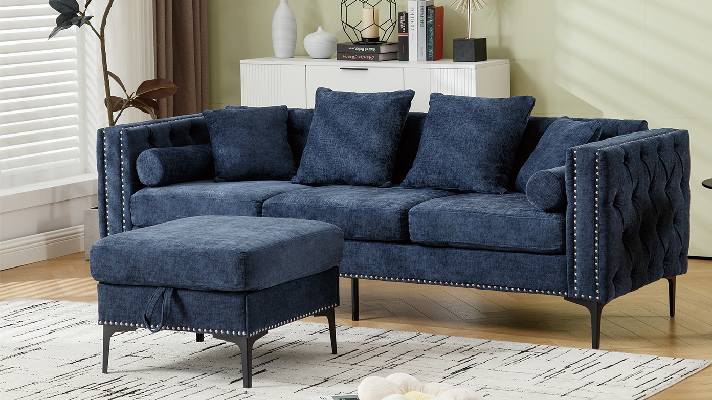 L Shaped Sectional Sofa , Convertible Storage Ottoman,Chenille ,Square Arm, Modern Tufted Couch ,3 Seater