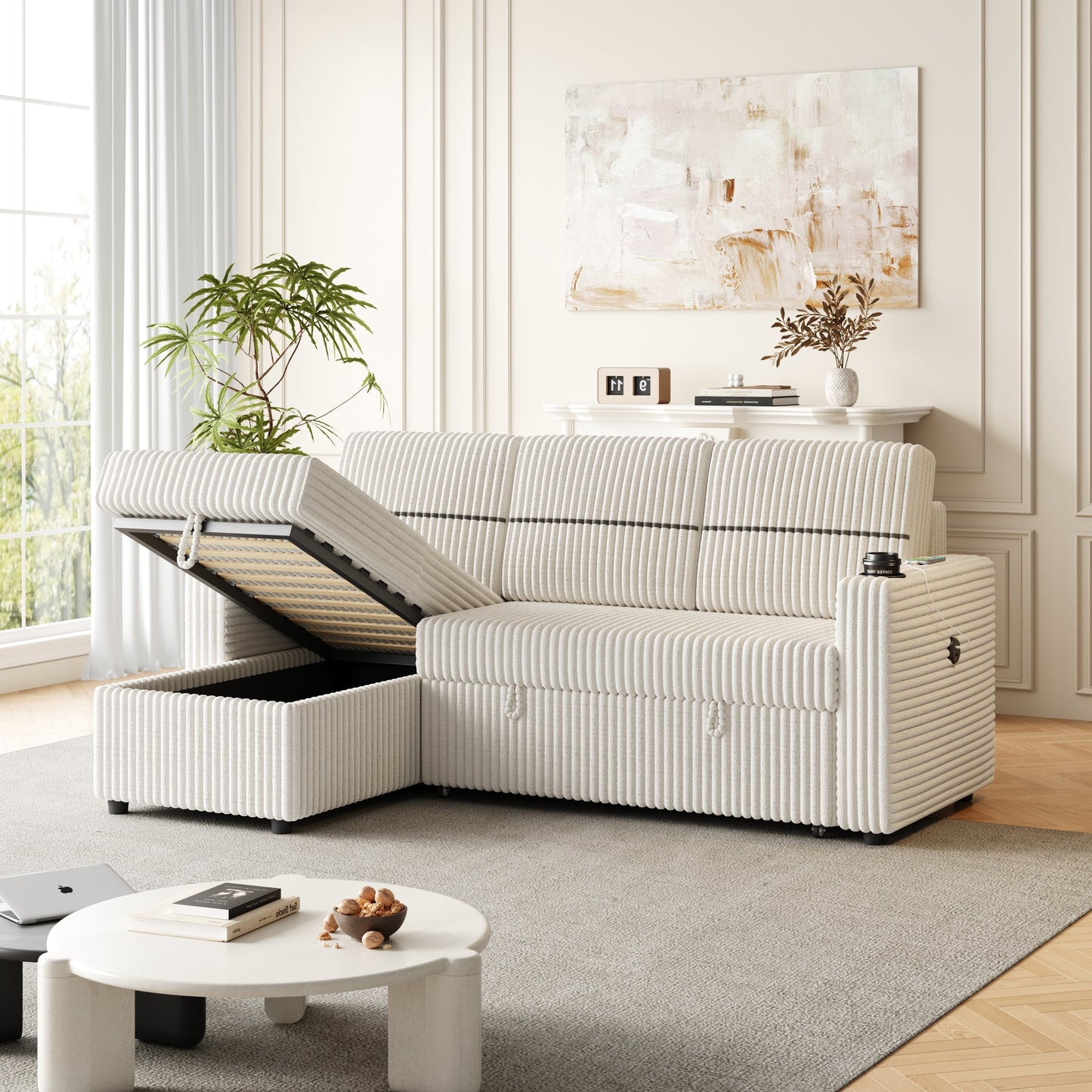 85 Inches Corduroy Sofa Bed, 3 Seater Sleeper Sofa With Storage Chaise, Square Handrail With Two Cup-Holder and USB Charger