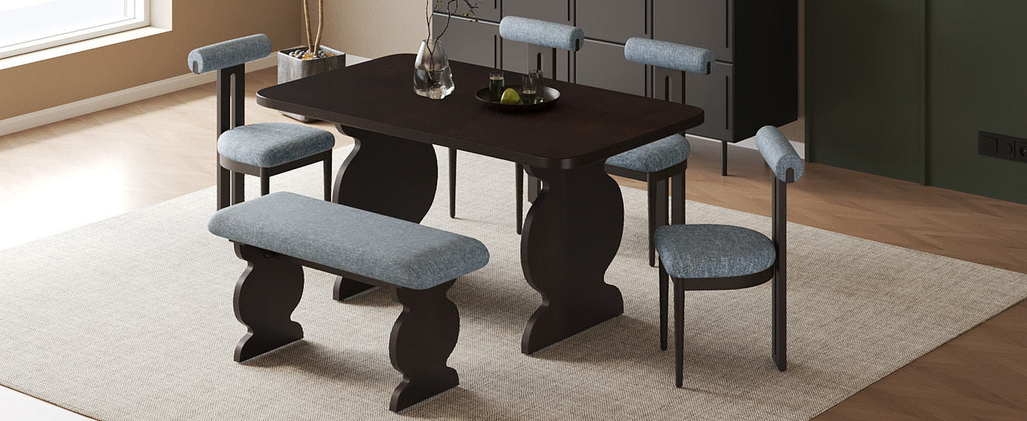 6-Piece Dining Set, Mid-Century Modern Table Set for 6 Persons With 4 Chairs and Bench, Padded Seats and Backrest