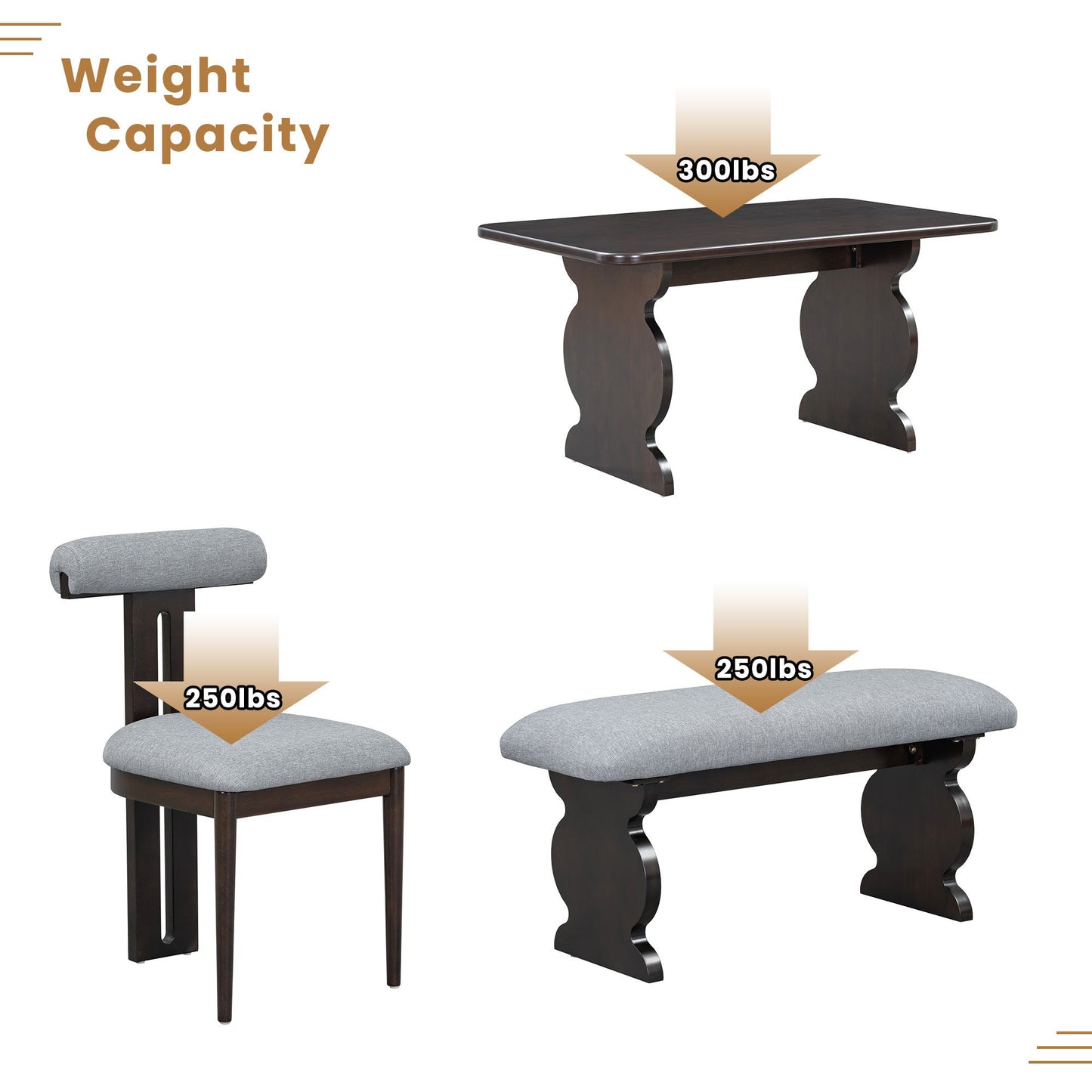 6-Piece Dining Set, Mid-Century Modern Table Set for 6 Persons With 4 Chairs and Bench, Padded Seats and Backrest
