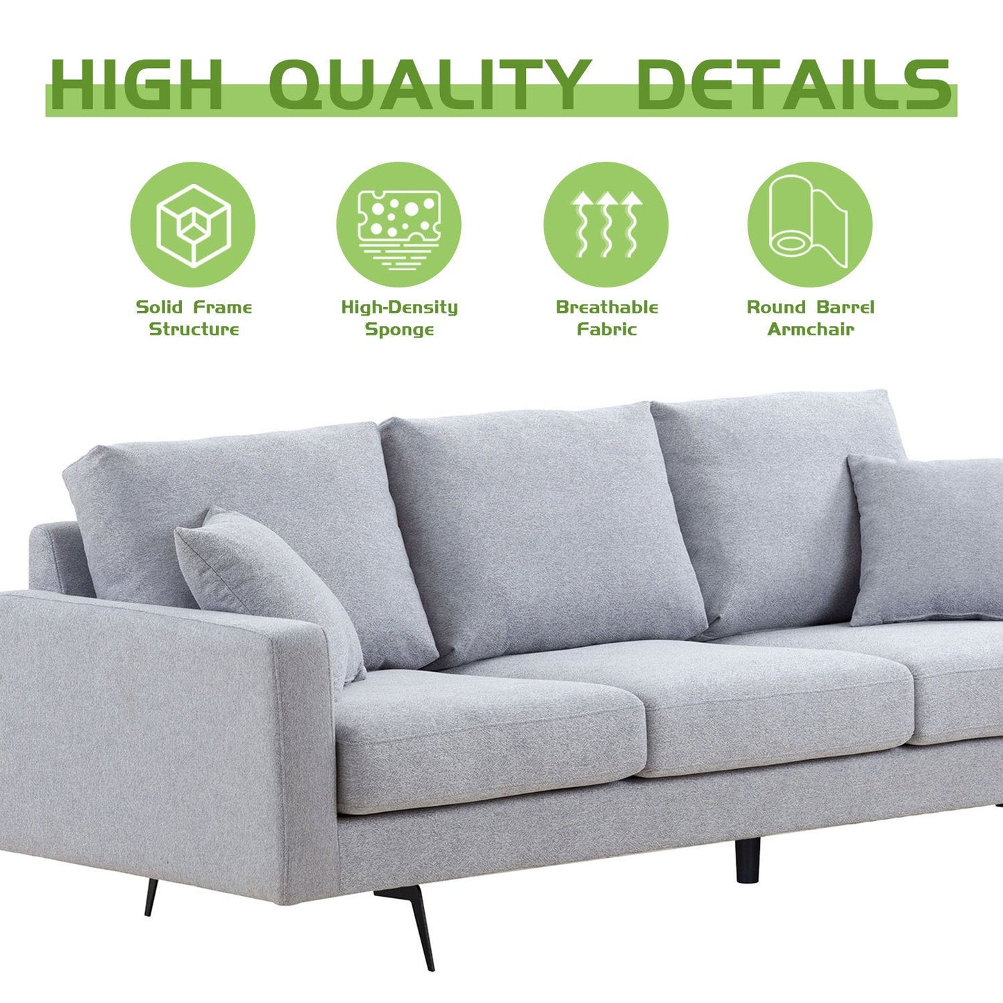 Modern Three Seat Sofa Couch With 2 Pillows, Light Grey Perfect for Every Occasion