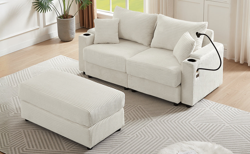 72.8" Modern Style Loveseat Sofa Sectional Sofa Couch With Storage Space, a Movable Ottoman, Two USB Ports, Two Cup Hold