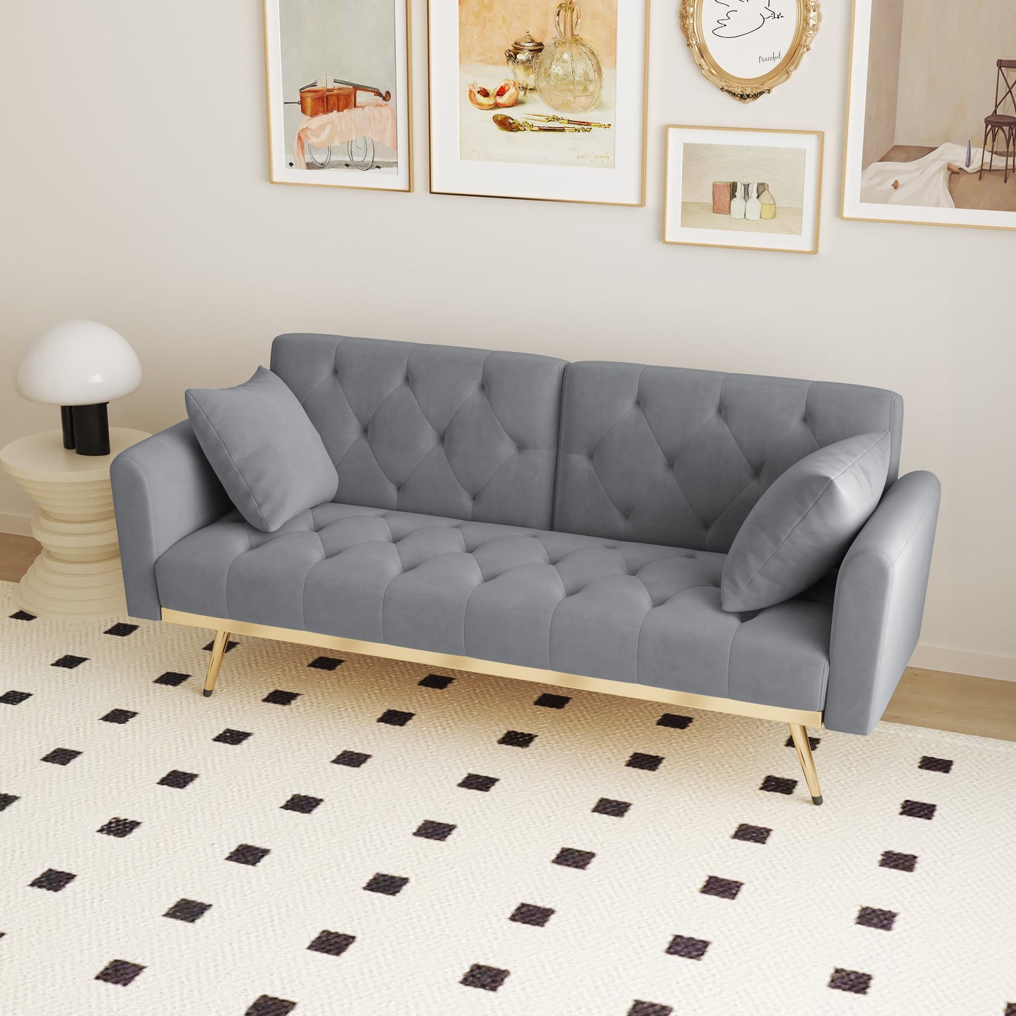 68.3" Gray Velvet Nail Head Sofa Bed With Throw Pillow and Midfoot