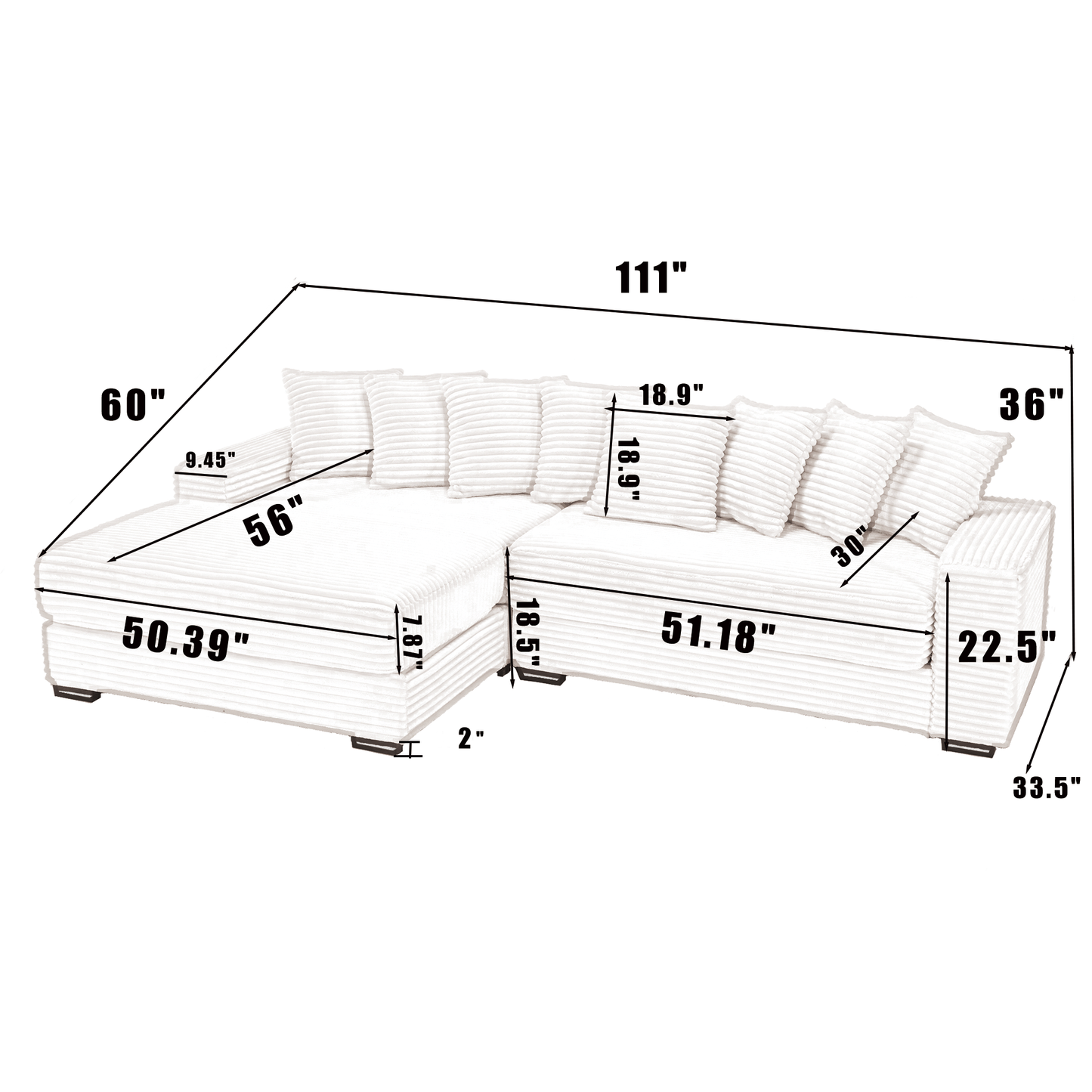 Oversized Two-Piece Couches, L Shaped Sofa, Corduroy, Left Chaise Daybed,with Armrests,Eight Throw Pillows,Corner Sofa
